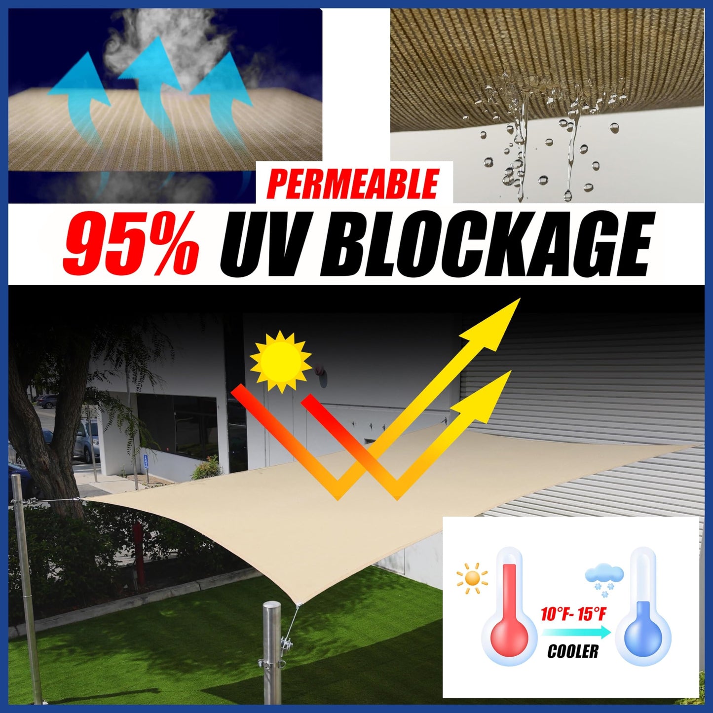 ShadeMart 16' x 16' x 16' Beige Triangle Sun Shade Sail SMSLT Canopy Fabric Cloth Screen, Water Air Permeable & UV Resistant, Heavy Duty, Patio Outdoor - (We Customize Size)