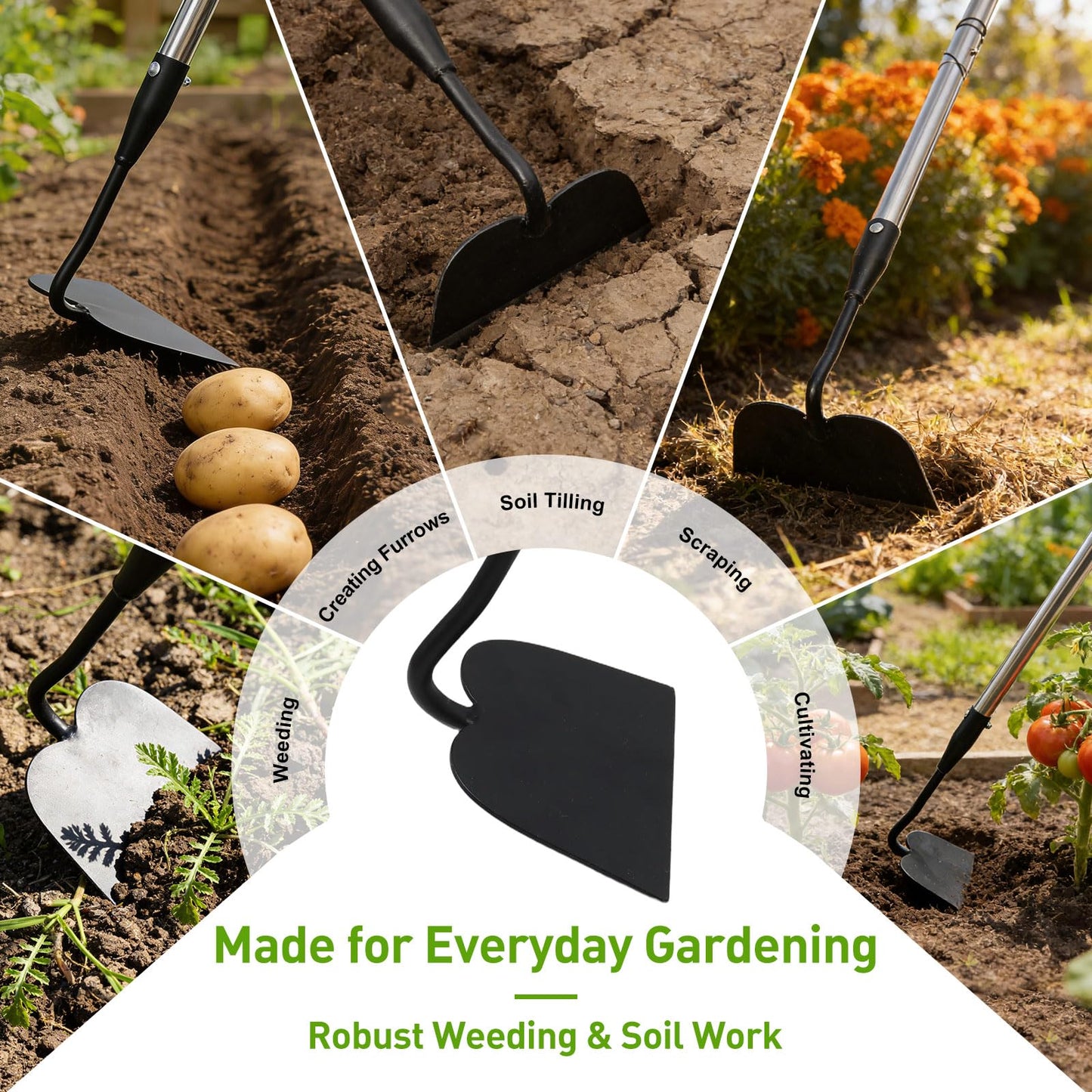 Garden Hoe for Weeding, Heavy Duty Draw Hoe Garden Tool for Plowing,Cultivating,Trenching, Ridging,Tilling Loosening Soil,Scraping Weeder with 60” Handle for Stand Gardening, Reduce Back Strain