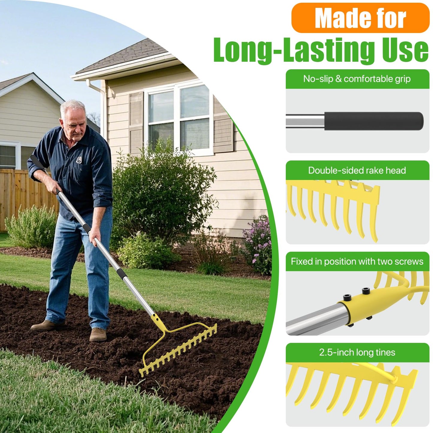 Garden Rakes for Lawns Heavy Duty, 6 FT Bow Rake for Leaves, 17-Tines Metal Rake with Stainless Steel Handle for Yard Leveling, Landscape, Loosening Soil, Yellow
