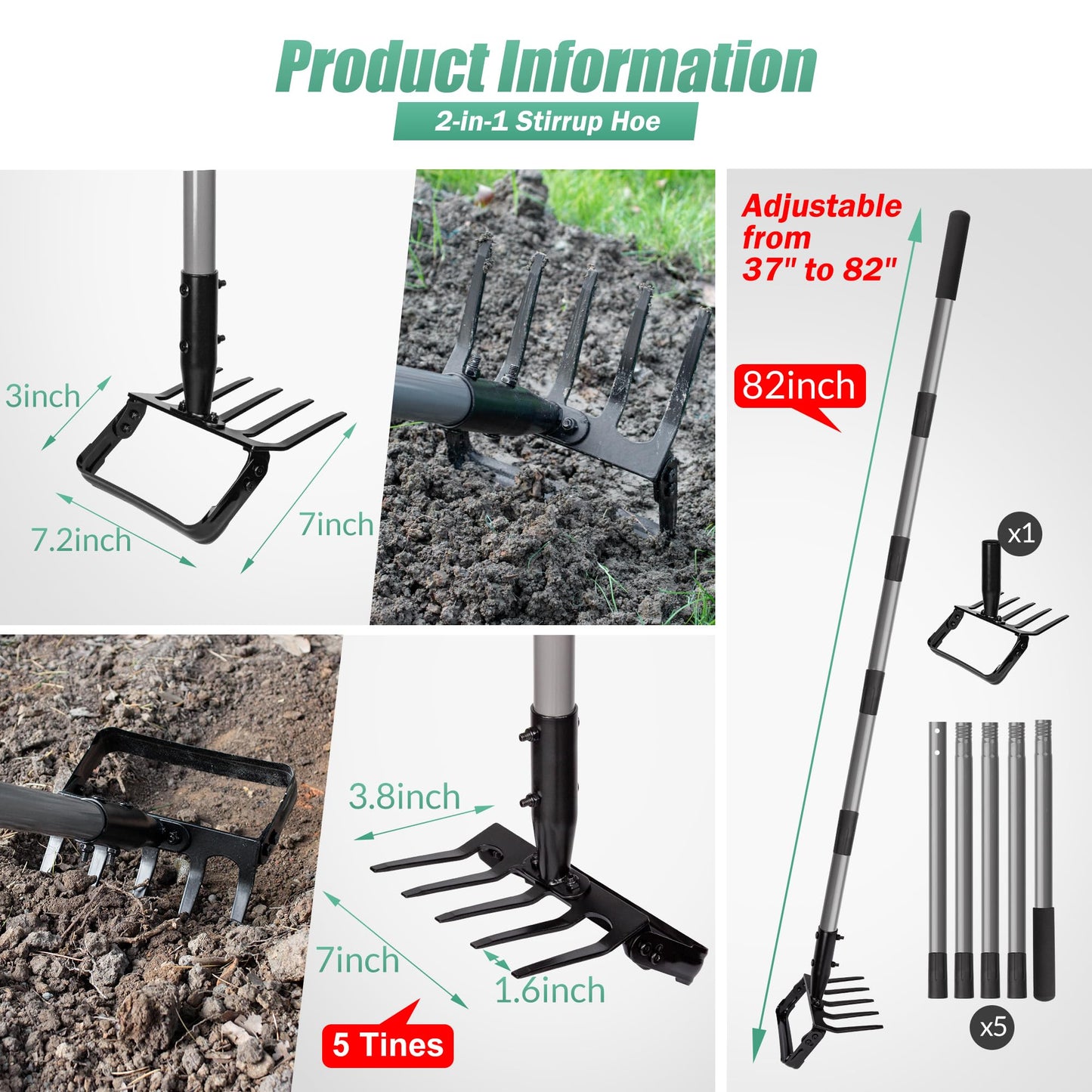 Suchtale 82 Inch Action Rake Hoe, 5-Tines Cultivator, Adjustable 37-82" Handle, Garden Weeding & Planting