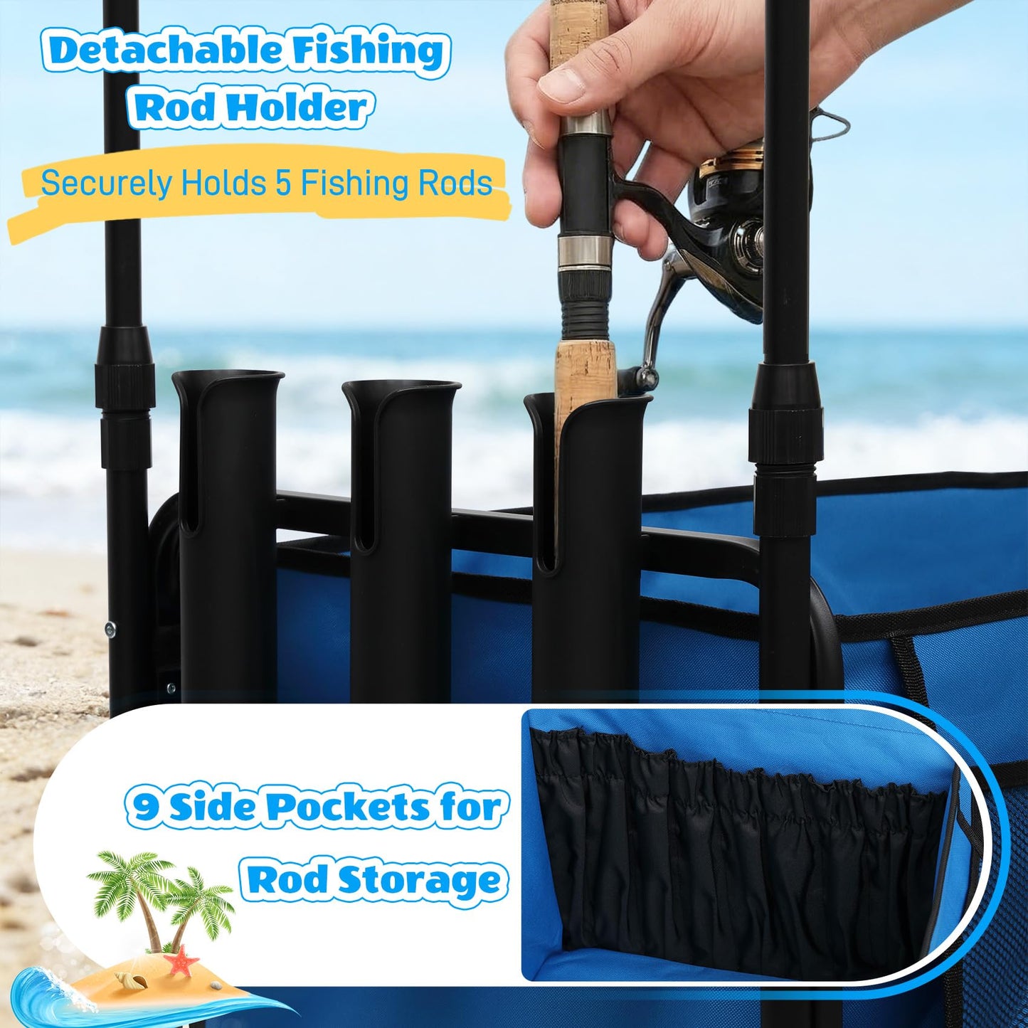 Fishing Cart with Big Wheels for Sand, 9" All-Terrain Wheels, Beach Wagon for Sand, Equipped with a Rod Holder and Side Pockets for All Your Fishing, Camping or Beach Supplies, Blue & White