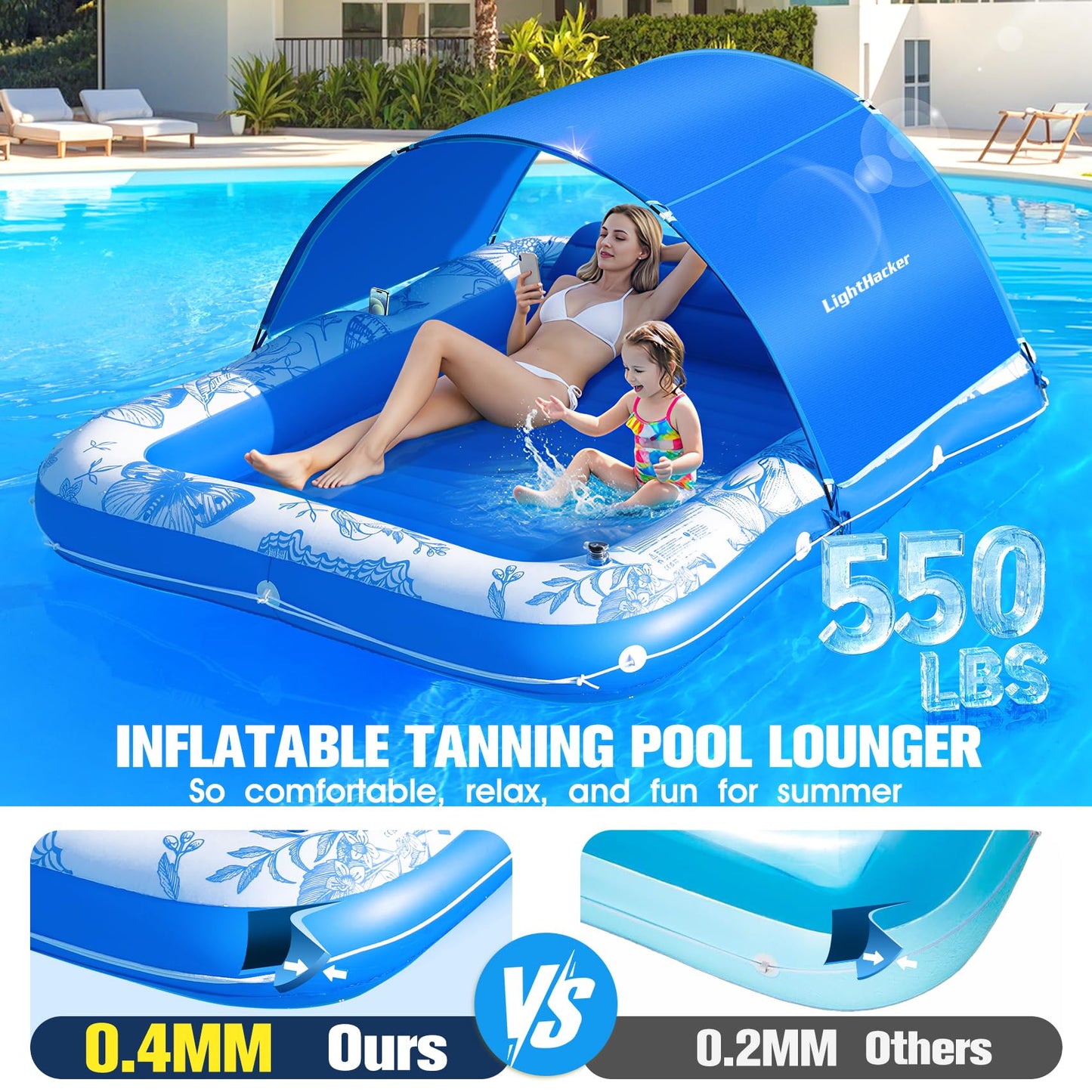 81"x60" Inflatable Tanning Pool Lounger Float with Canopy for Adult,Large Blow Up Sunbathing Bed & Water Raft,Butterfly Pool Floatie with Cup/Phone Holder,5 in 1 Floating Lounge for Pool,Lake,Backyard