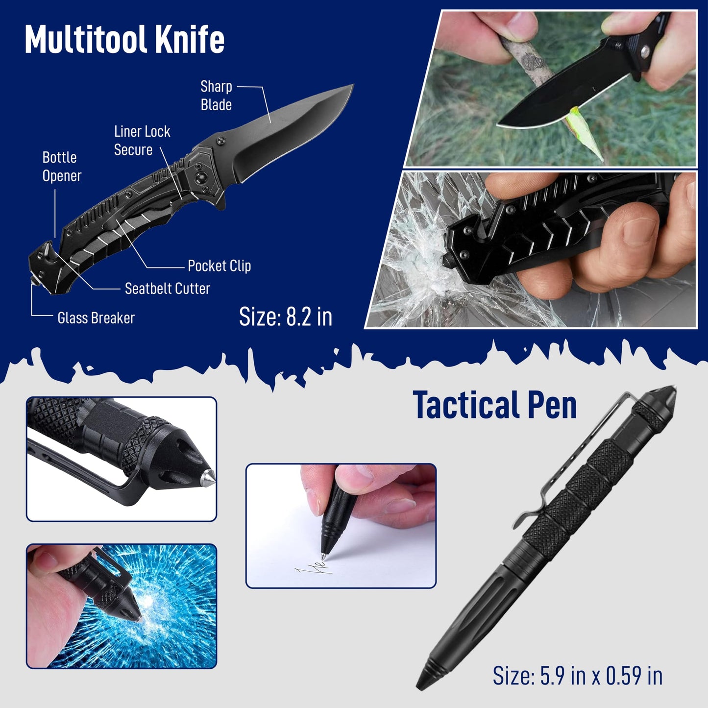 Emergency Survival Gear Kit 12-in-1 – Outdoor Adventure Equipment with LED Tactical Flashlight, Fire Starter Glass Breaker Pen – Camping Hiking Hunting Accessories – Survival Gifts for Men Dad Husband