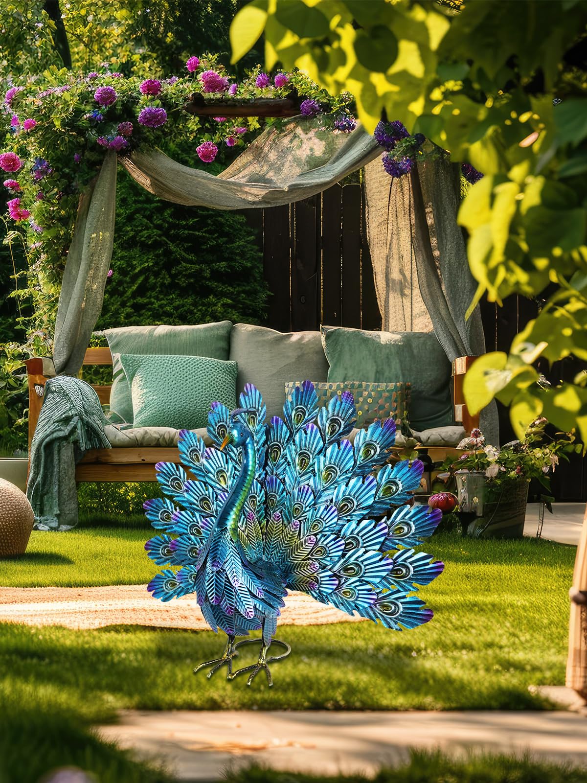 YEAHOME Garden Decor Outdoor Statues, 22.4" Large Metal Peacock Standing Yard Art, Blue Green Bird Lawn Sculptures Garden Decor for Outside Patio Porch Backyard