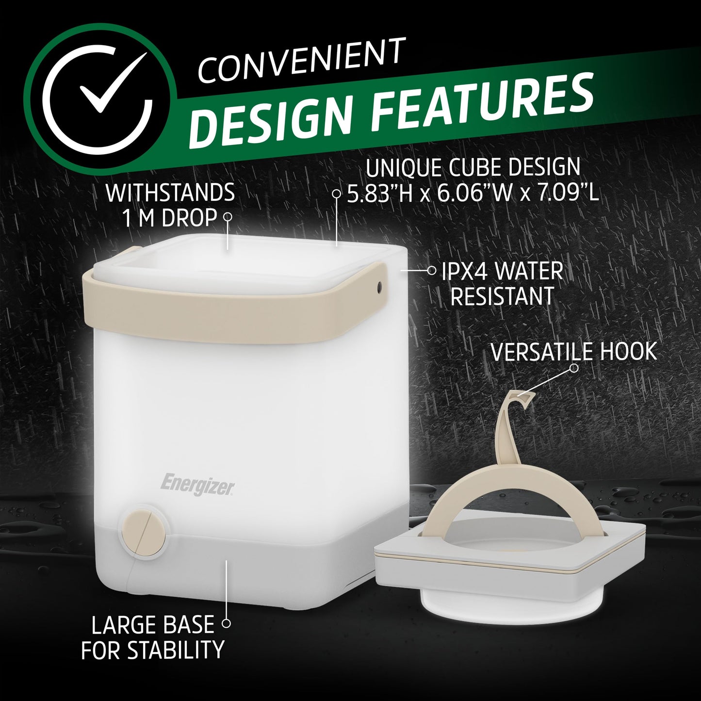 Energizer LightxPower Cube Camping Lantern, X1000 Lantern Dual Power Rechargeable and AA Battery, IPX4 Water Resistant