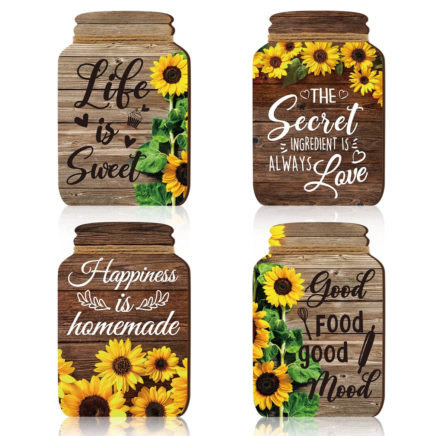 4 Pcs Kitchen Wall Decor Mason Jar Set Wooden Rustic Home Decor Inspirational Kitchen Hanging Farmhouse Wall Signs for Home decoration(Sunflower)