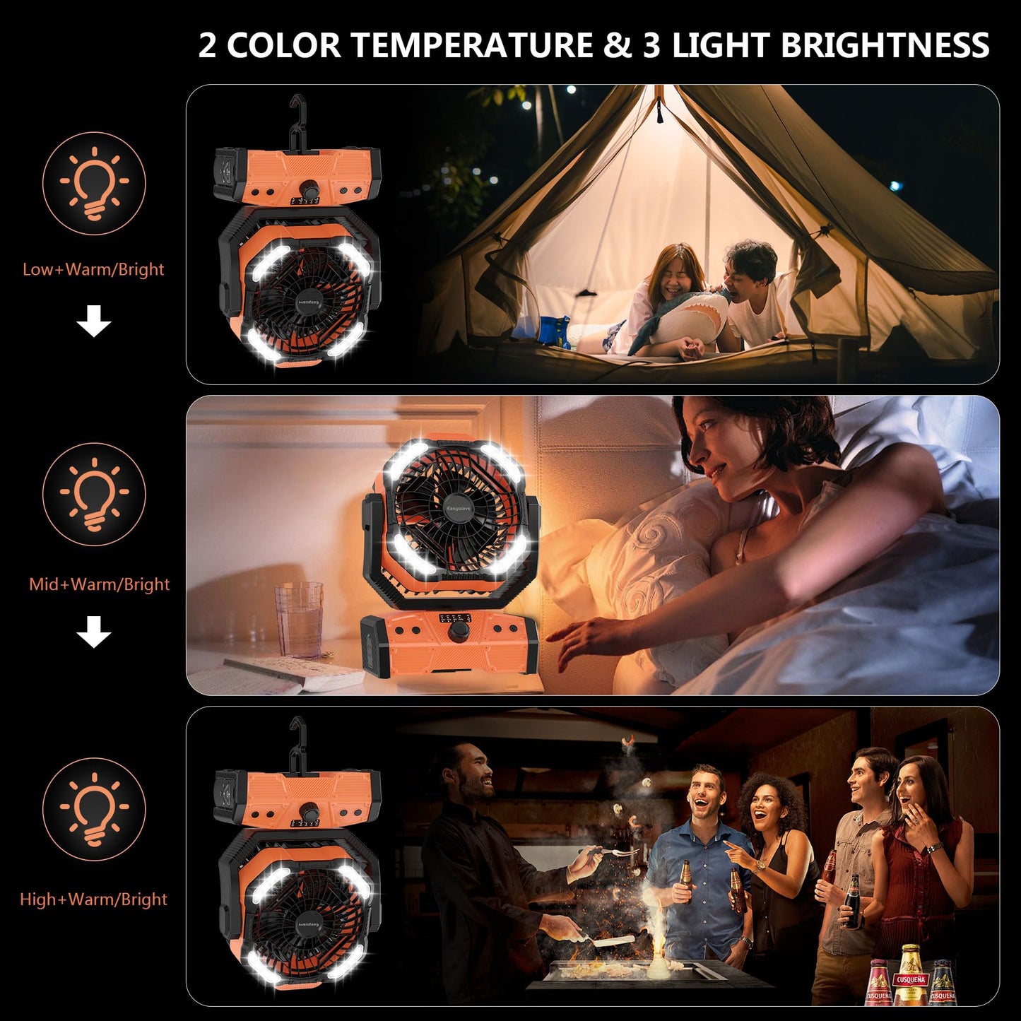 Easywave Camping Fan with LED Lantern: 30000mAh Rechargeable Battery Powered Outdoor Tent, Oscillating Fan with 360° Hanging Hook, Personal USB Desk Fan for Camping, Power Outage, Hurricane, Jobsite