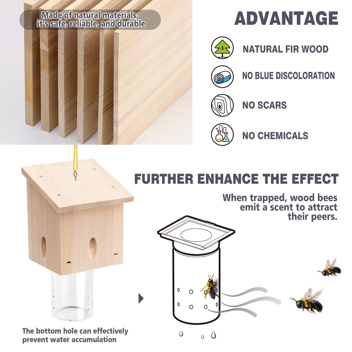 Carpenter Bee Trap for Outside - Pentroof Style Nature Hanging Wood Carpenter Bee Traps Outdoor - Best Bee Trap - Insect Traps with Removable Vault (1 Pack)