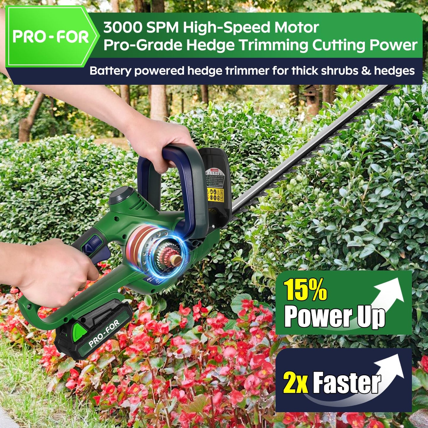 PRO-FOR Cordless Hedge Trimmer with Battery and Charger, 20V Bush Trimmer, 22" Dual-Action Blade, 3000SPM Electric Shrub Trimmer, 0.55" Cutting, Lightweight Battery Powered for Garden & Yard