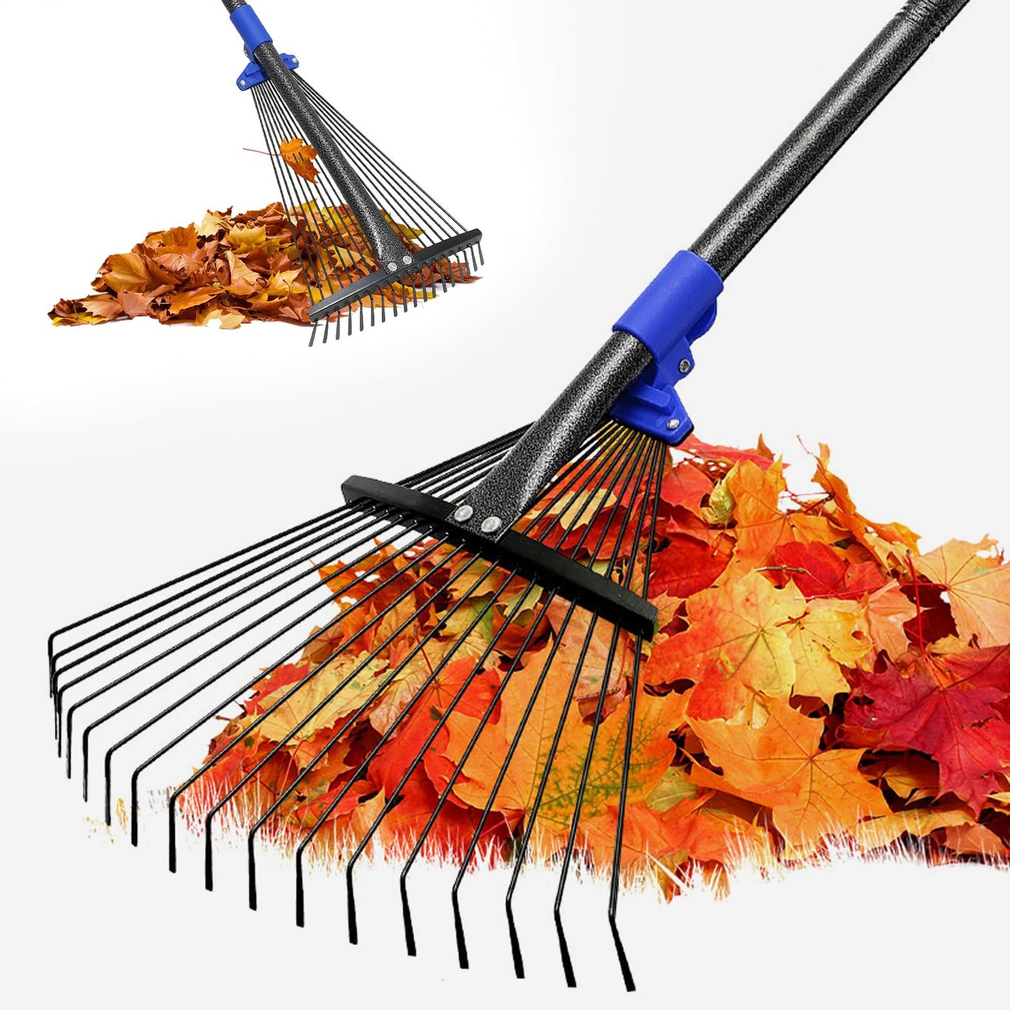 Heavy Duty Garden Leaf Rake-Adjustable Metal Rake with 8-17" Expandable Head,Yard Rakes for Leaves,Grass,Lawns,Shrubs,Flower Beds,Camping,Outdoor Cleanup,Ideal for Women & Kids