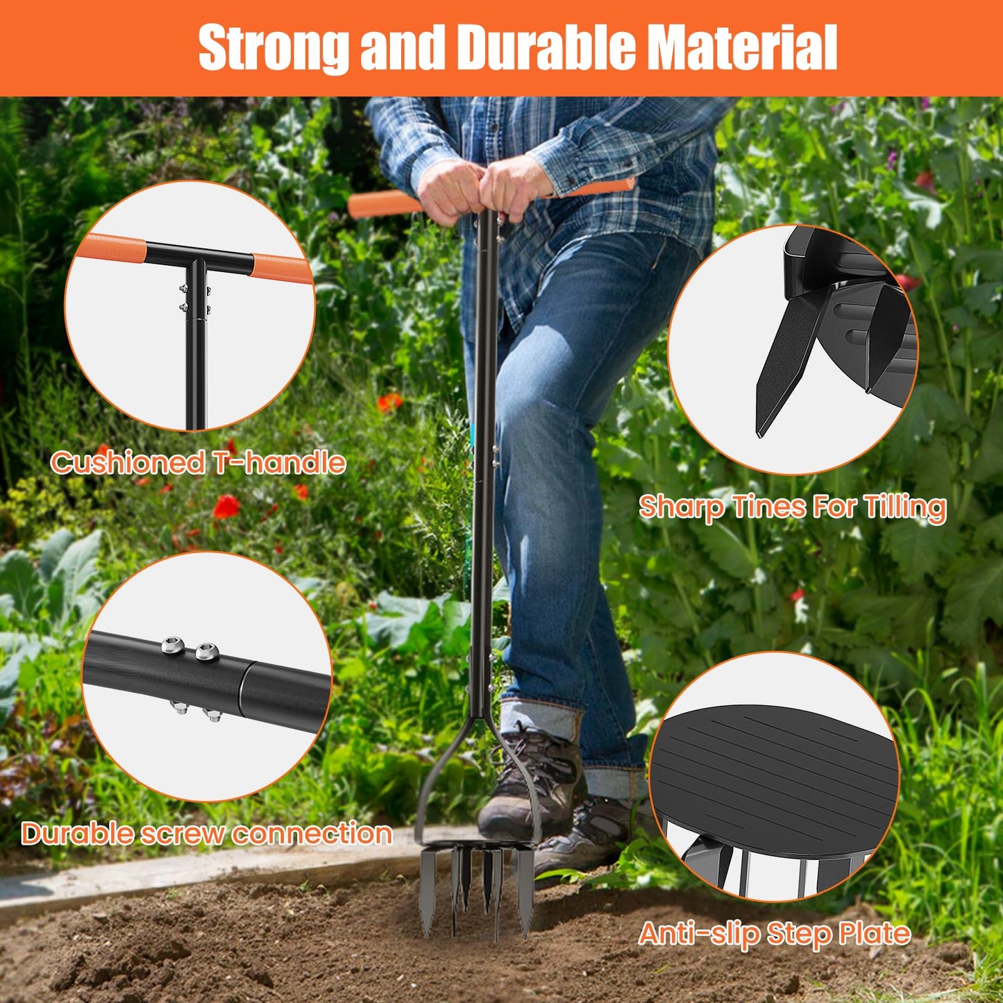 Luvenia Hand Tiller Cultivator with 5.1 Inch Deep 8 Steel Teeth, Manual Soil Tiller Garden Tool 40 Inch with Anti-Slip Pedal，Garden Claw for Weeding, Planting Aerating, Mixing Soil