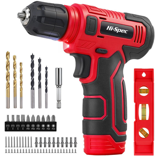 Hi-Spec 8V USB Power Drill Driver Screw Drill Bit Set. Cordless & Rechargeable Electric Drill Driver with Wall Hanging Kit,Red