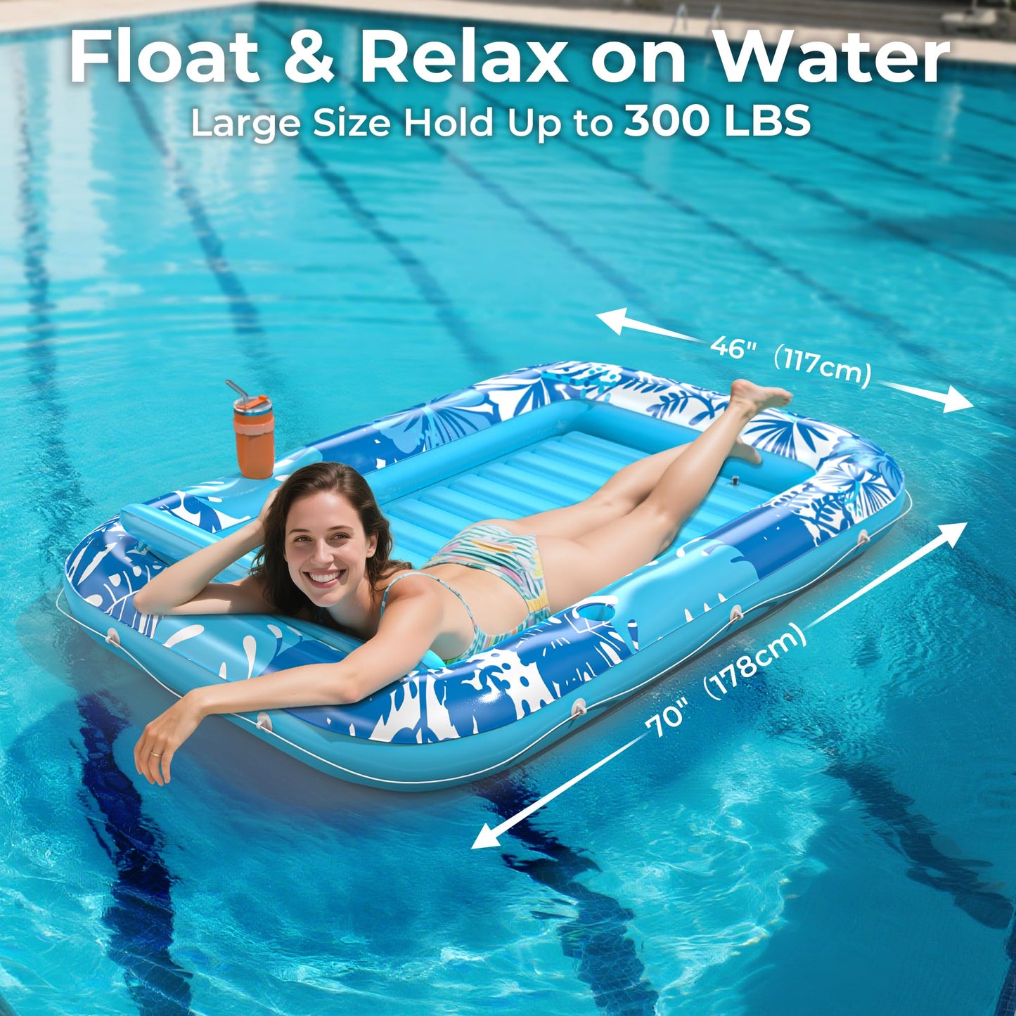 Inflatable Tanning Pool Lounger Float with Protection Tarp, 70" x 46" Pool Floats Adult with Pillow, 6 in 1 Suntan Tub Raft Floatie, Sunbathing Water Bed Lounge Blow Up Kids Ball Pit Party Gifts-Blue