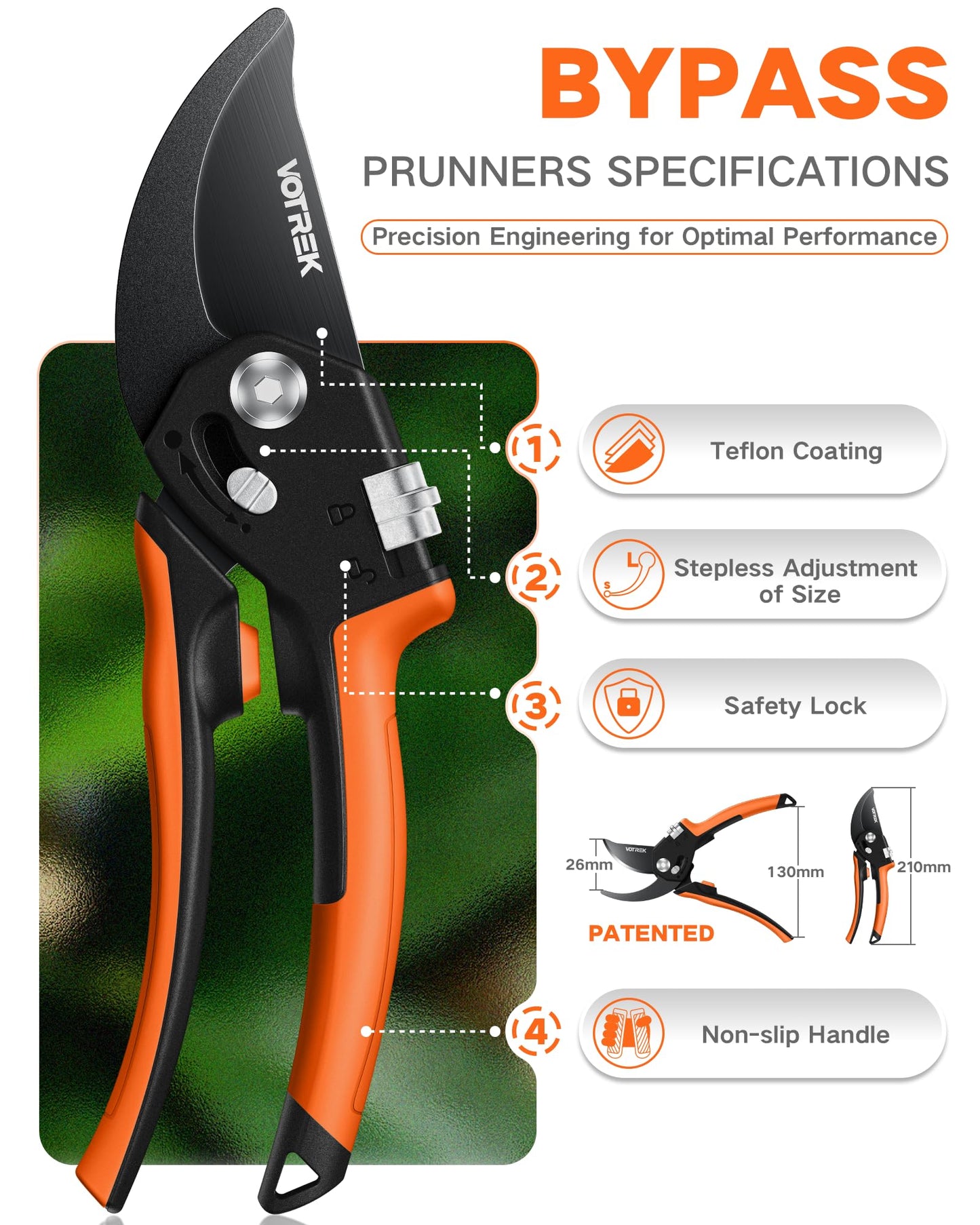VOTREK 8.5" Pruning Shears for Gardening, 【Unique Stepless Handle Opening】Professional Bypass Garden Clipper, Heavy Duty Plant Pruners for Branch 【SK5 Steel Blades】【All Hand Sizes】,Bright Orange
