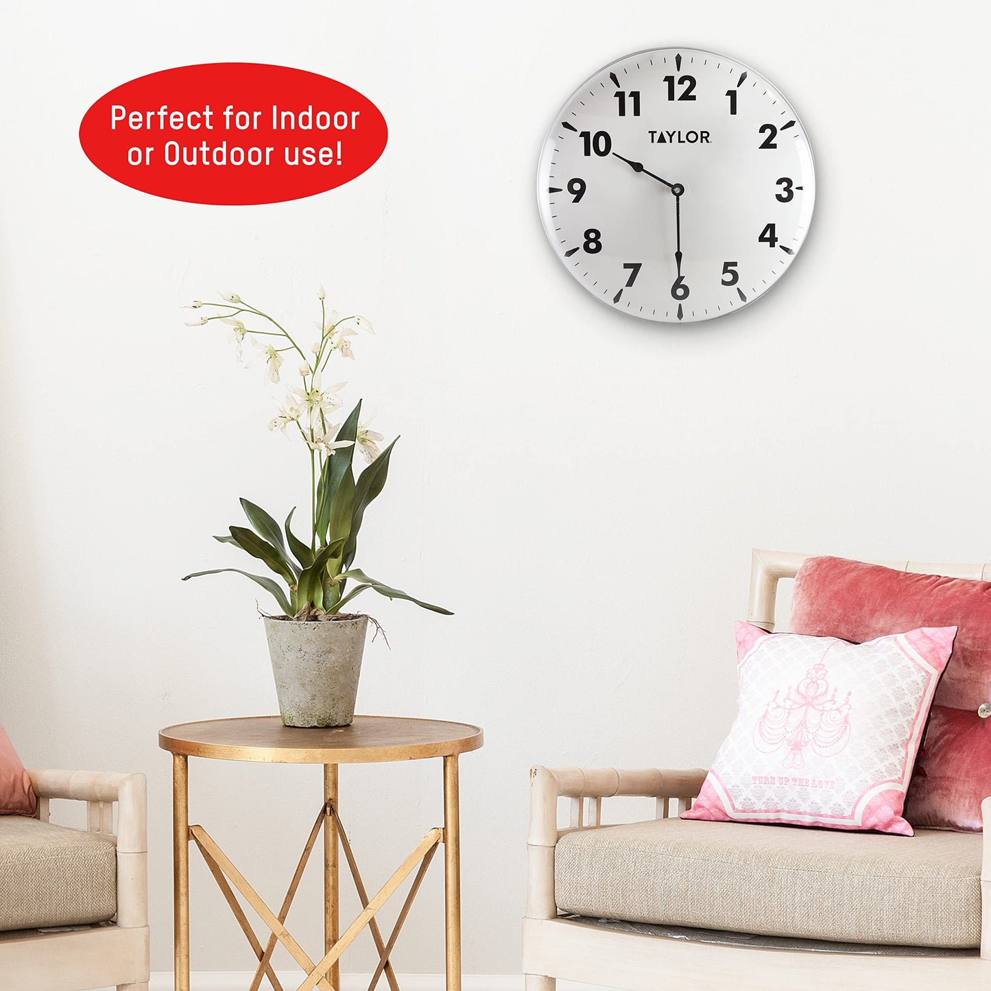 Taylor Indoor Outdoor Metal Wall Clock, Wireless Thermometer with Easy to Read Large Numbers for Patio, Pool, and Indoor Areas, 18-inch