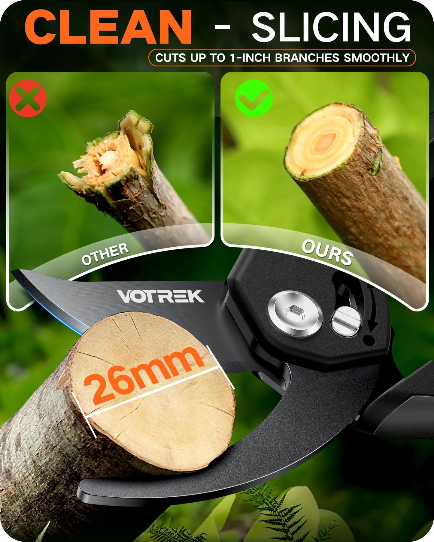 VOTREK 8.5" Pruning Shears for Gardening, 【Unique Stepless Handle Opening】Professional Bypass Garden Clipper, Heavy Duty Plant Pruners for Branch 【SK5 Steel Blades】【All Hand Sizes】, Classic Black