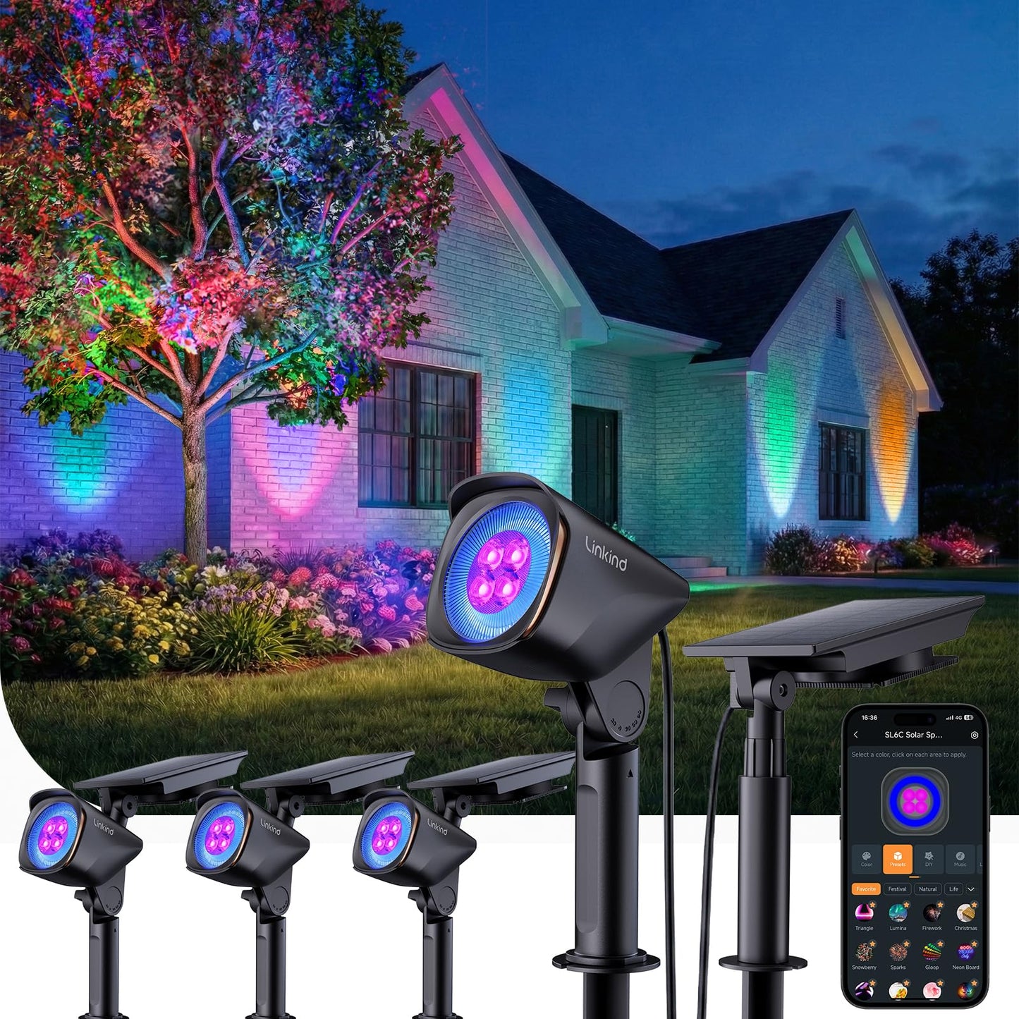 Linkind Smart Solar Lights Outdoor Waterproof SL6C, Dual-Ring Solar & USB Charging Solar Spotlights Outdoor Waterproof IP66, Color Changing Spot Light for Yard, Tree, Landscape, House, 4 Pack