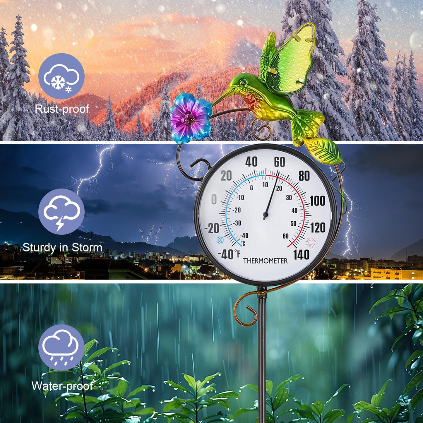Outdoor Thermometer, Hummingbird Hanging Wall Thermometer & 42" Metal Garden Stake Outside Thermometers Waterproof Decorative for Patio,Lawn,Room,Greenhouse, No Battery Required Garden Gifts