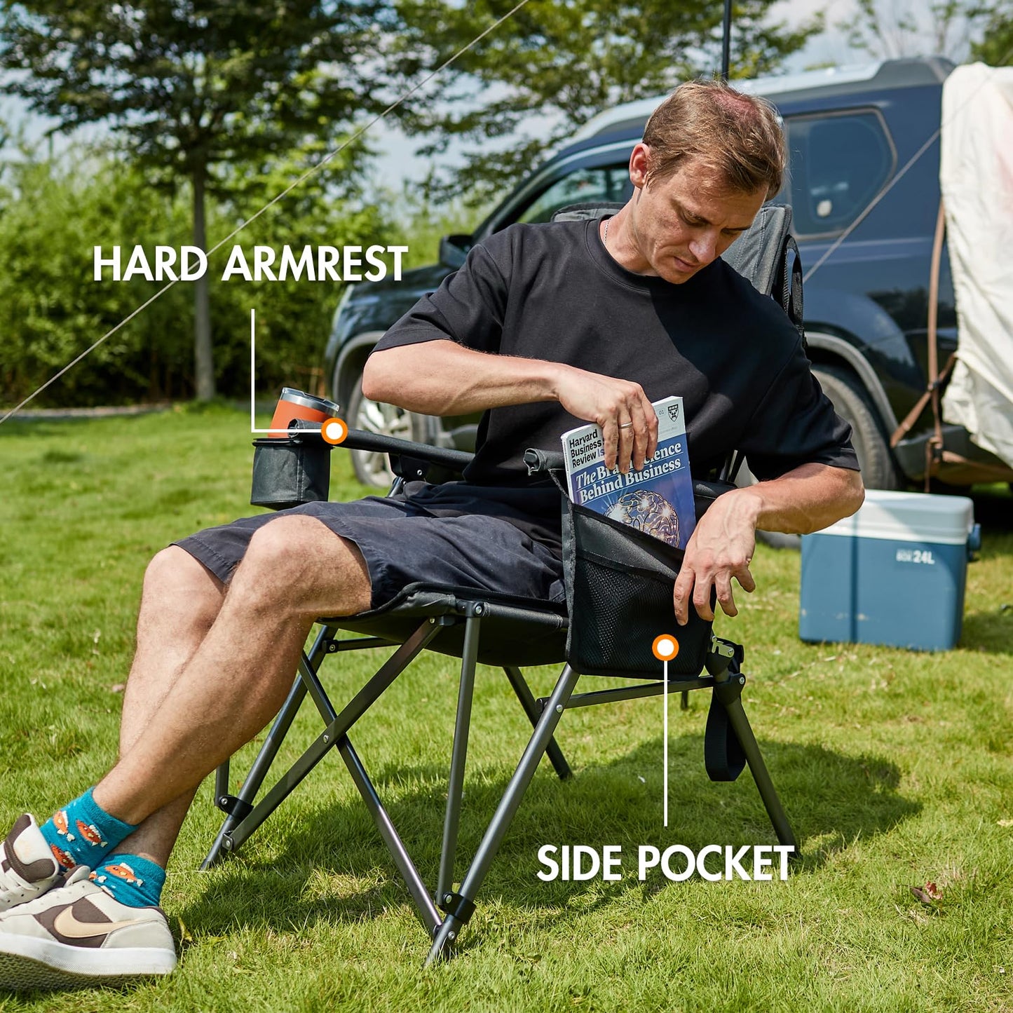 PORTAL Oversized Folding Camping Chair High Back Portable Lawn Chairs for Adults Outdoor Sports with Hard Armrest Cup Holder，Supports 400LBS Black