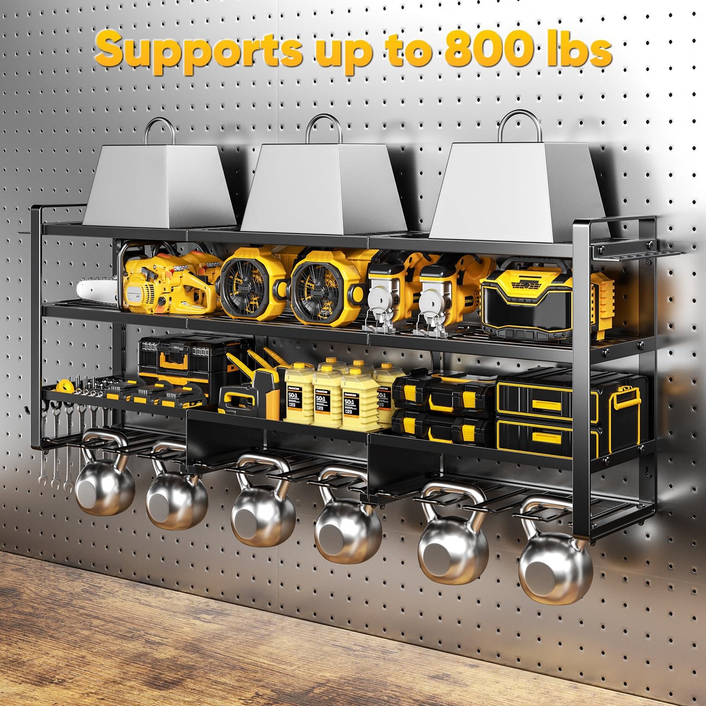 POKIPO 49.5" W Large Power Tool Organizer Wall Mount with Charging Station, 4 Tier Heavy Duty 12 Cordless Drills Holder Load 800 lb, Tool Battery Storage Rack Built in 8 Outlet Power Strip for Garage