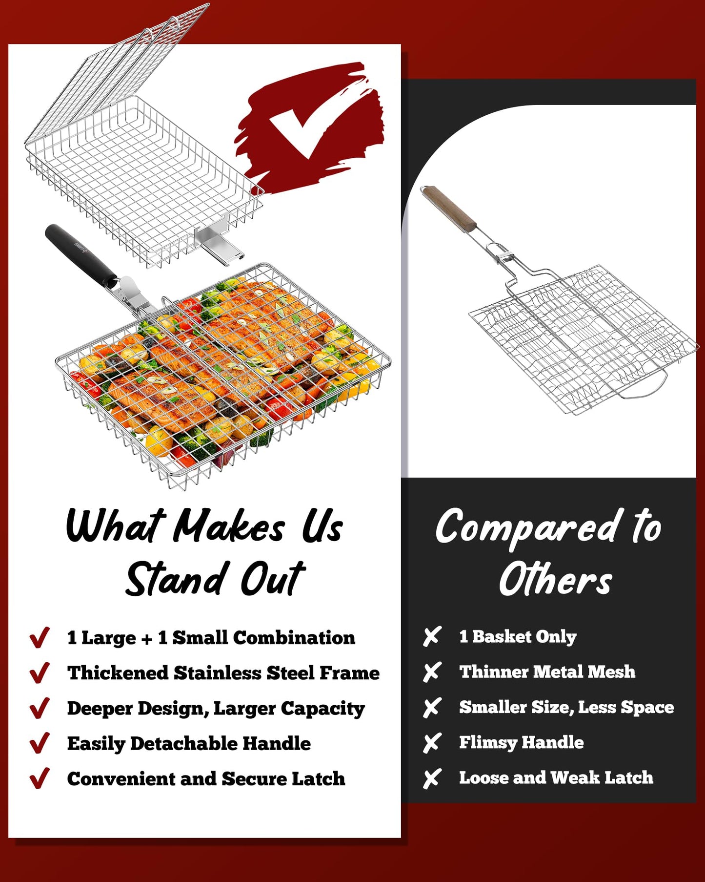Nesting Grill Baskets, 2PCS Grilling Baskets for Outdoor with Removable Handle, Stainless Steel BBQ Camping Cooking Accessories Tools for Meat Steak Fish Vegetable Shrimp, Gifts for Men Dad Husband