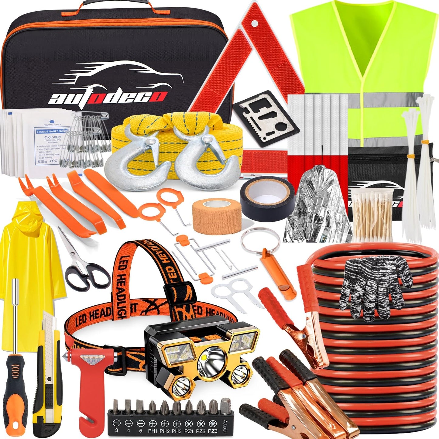 AUTODECO 126pcs Roadside Emergency Car Kit - Auto Safety Kit Vehicle Outdoor Automotive Interior Kits with Jumper Cables