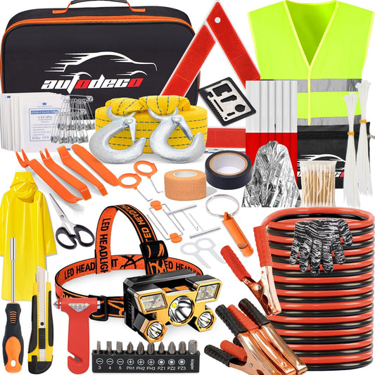 AUTODECO 126pcs Roadside Emergency Car Kit - Auto Safety Kit Vehicle Outdoor Automotive Interior Kits with Jumper Cables