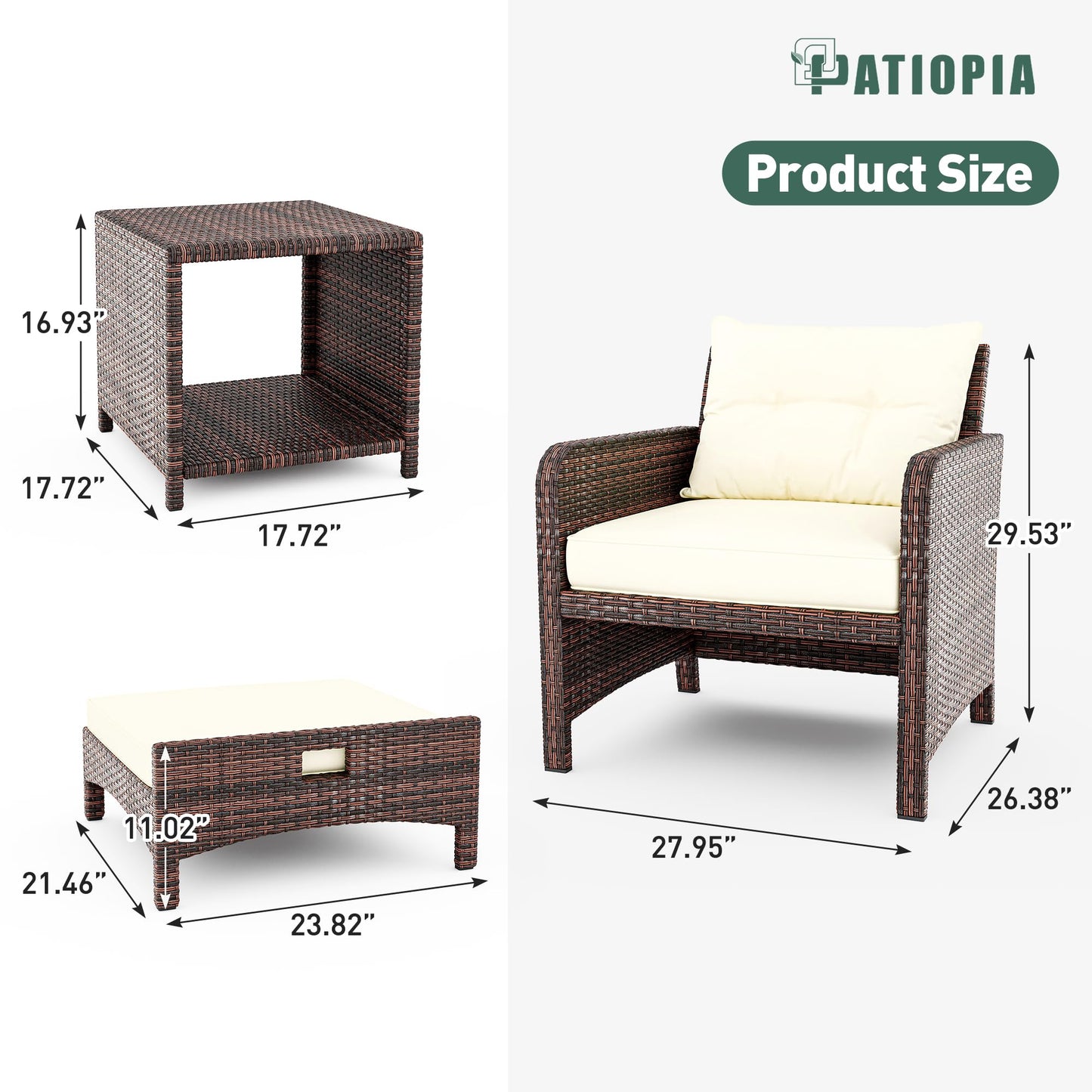 PATIOPIA 5 Piece Patio Furniture Set, All-Weather Patio Furniture with Soft Cushions, PE Wicker Patio Sofa Set with Coffee Table and Ottoman, for Outdoor, Porch, and Balcony (Beige-Brown)