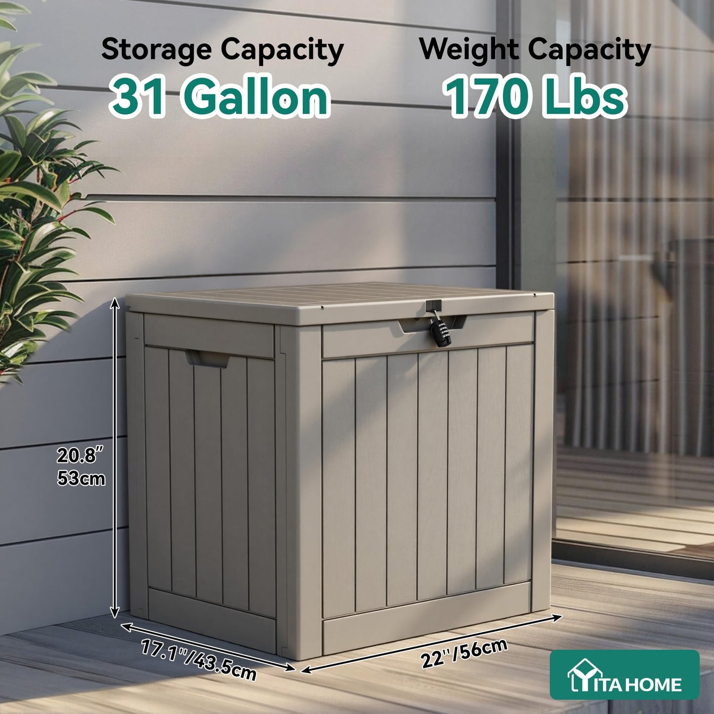 YITAHOME 31 Gallon Outdoor Storage Deck Box, Waterproof Resin Package Delivery and Storage Box with Lockable Lid for Patio Furniture Cushions, Pool Accessories, Garden Tools, Taupe