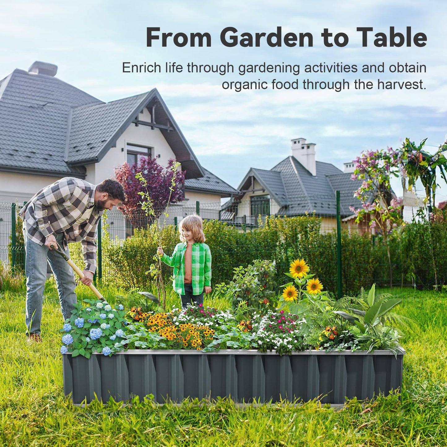 KING BIRD Raised Garden Bed 68"x 36"x 12" Galvanized Steel Metal Outdoor Garden Planter Box Kit with 2 Pairs of Gloves (Dark Grey)