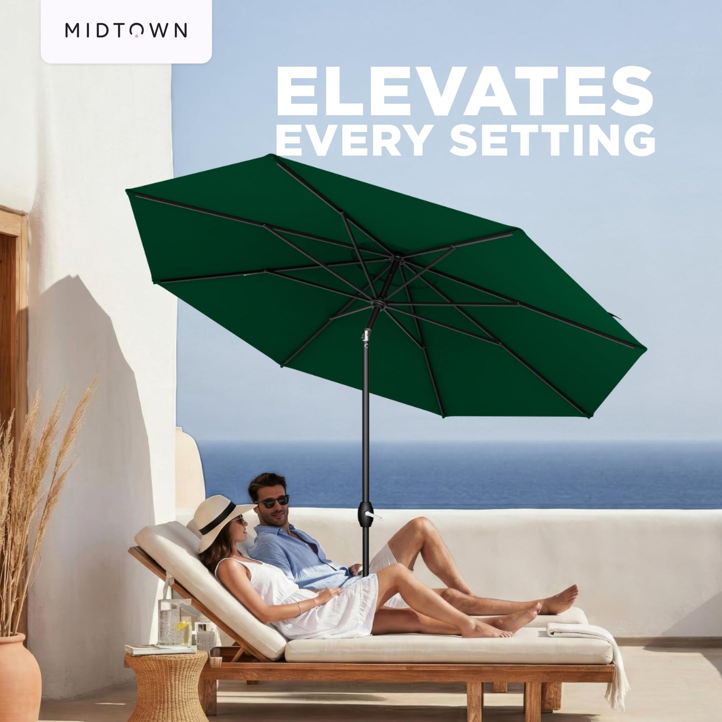 Midtown Umbrellas – The Lean 8 Ft Patio Umbrella with 10-Year-No-Fade Acrylast Acrylic Fabric, Auto-Tilt and 8 Reinforced Ribs for Deck, Pool, Garden, Hotel & Cafes – Forest Reserve Canopy, Black Pole