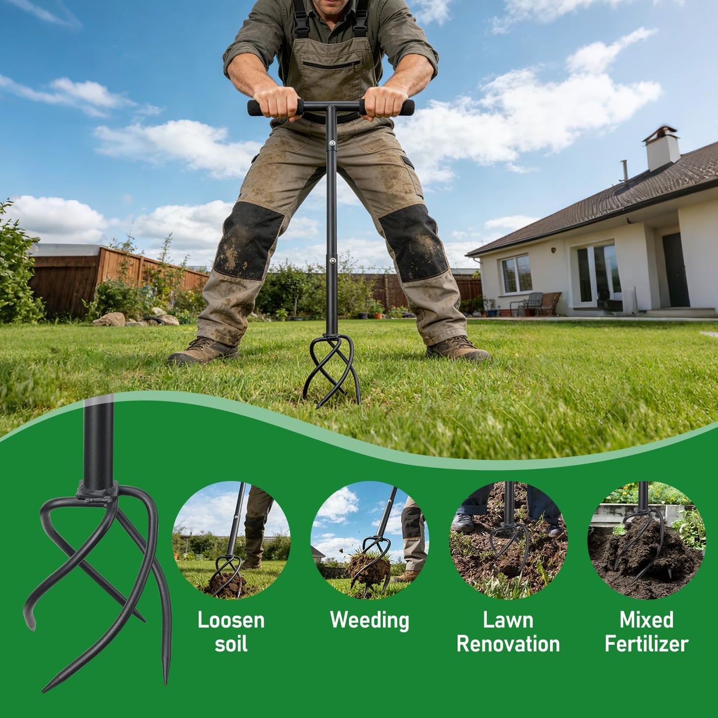 BeBecome Hand Tiller for Gardening, Manual Garden Claw Cultivator with 4 Sharp Curved Steel Tines, Twist Tiller Soil Loosener, Rotary Handheld Tiller for Yard Lawn Weeding