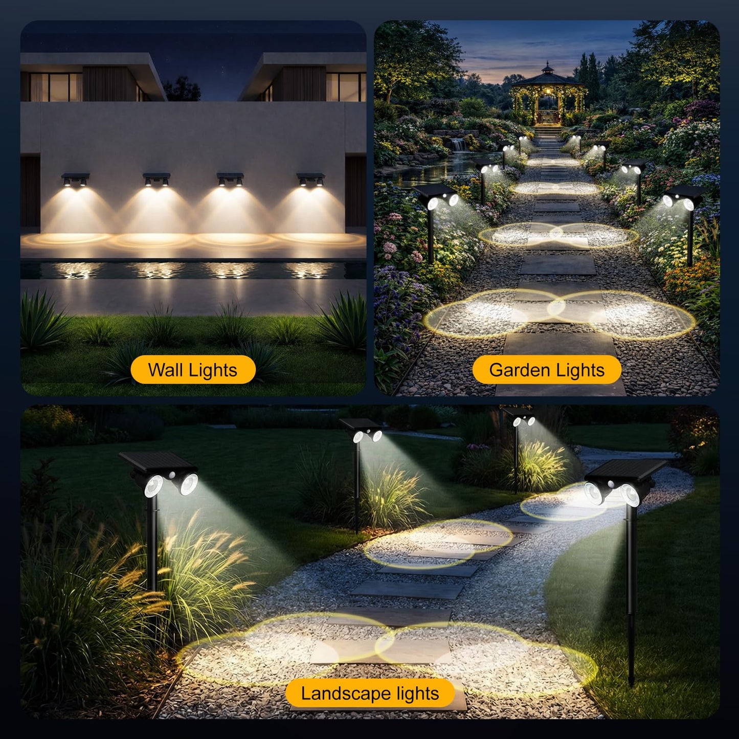 POOWUUDT Large Solar Spot Lights Outdoor Motion Sensor 4 Pack,2 Modes Waterproof Landscape Lighting for Yard Garden Pathway,2-in-1 Wall&Spot LED Lights with 360° Adjustable Dual Heads(Cool White)