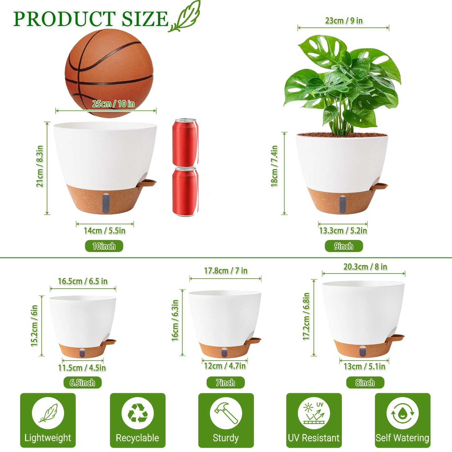 Fielda Self Watering Pots for Inoor Ourdoor Plants 10/9/8/7/6.5 Inch Plastic Planters with Drainage Holes & Water Level Indicator, Decorative House Flower Nursery Planting Pots with Saucers ((White)