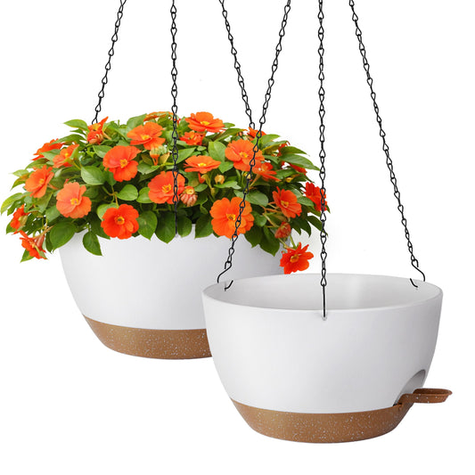 TYMENSH Hanging Plant Pots 12 inch Set of 2, Self Watering Hanging Planters with Drainage Holes, Indoor Outdoor Plastic Flower Pots with Hanging Chains for Balcony, Porch, Garden, Home Décor, White