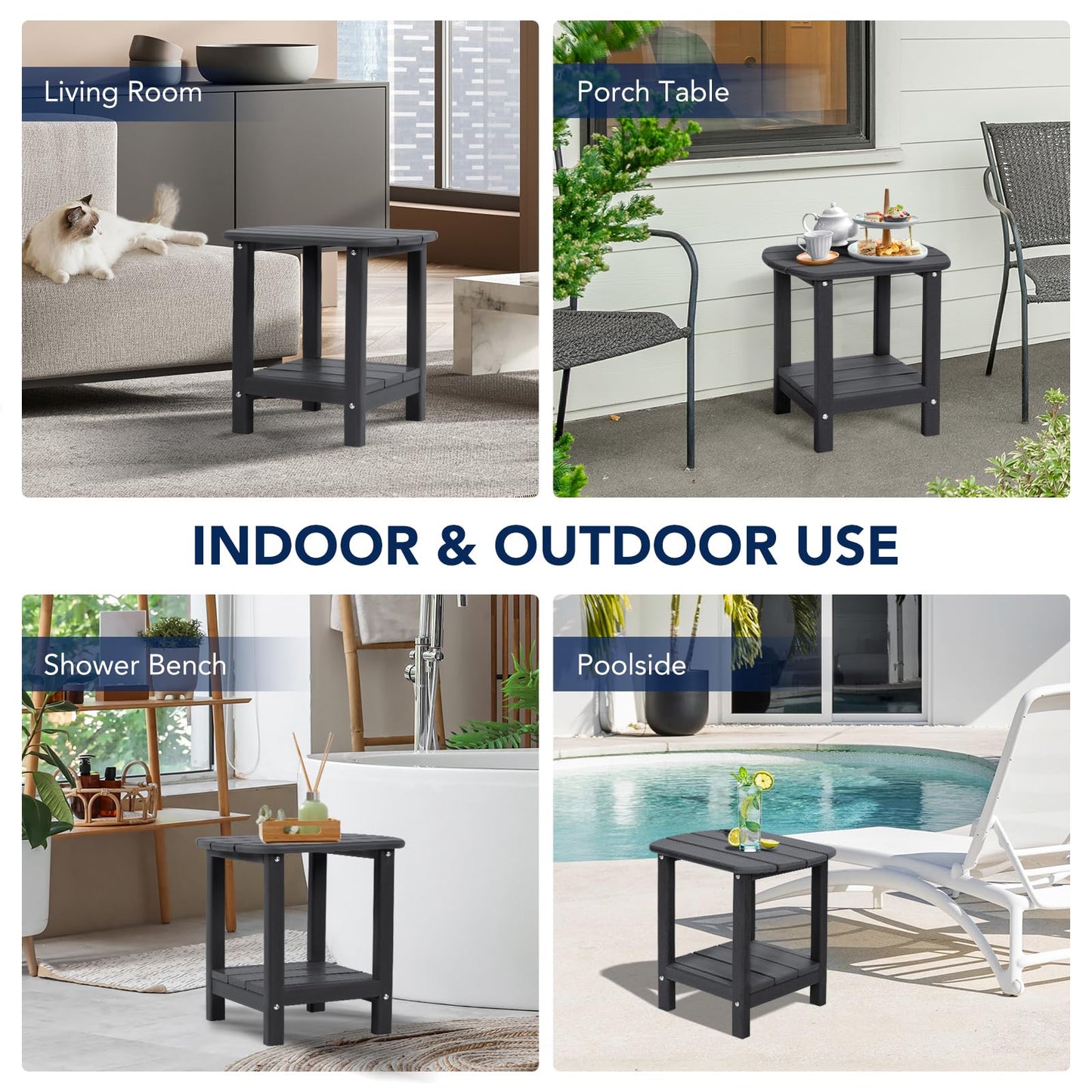 nalone Adirondack Side Table 16.5" Outdoor Side Table HDPE Plastic Double Adirondack End Table Small Table for Patio (Black)