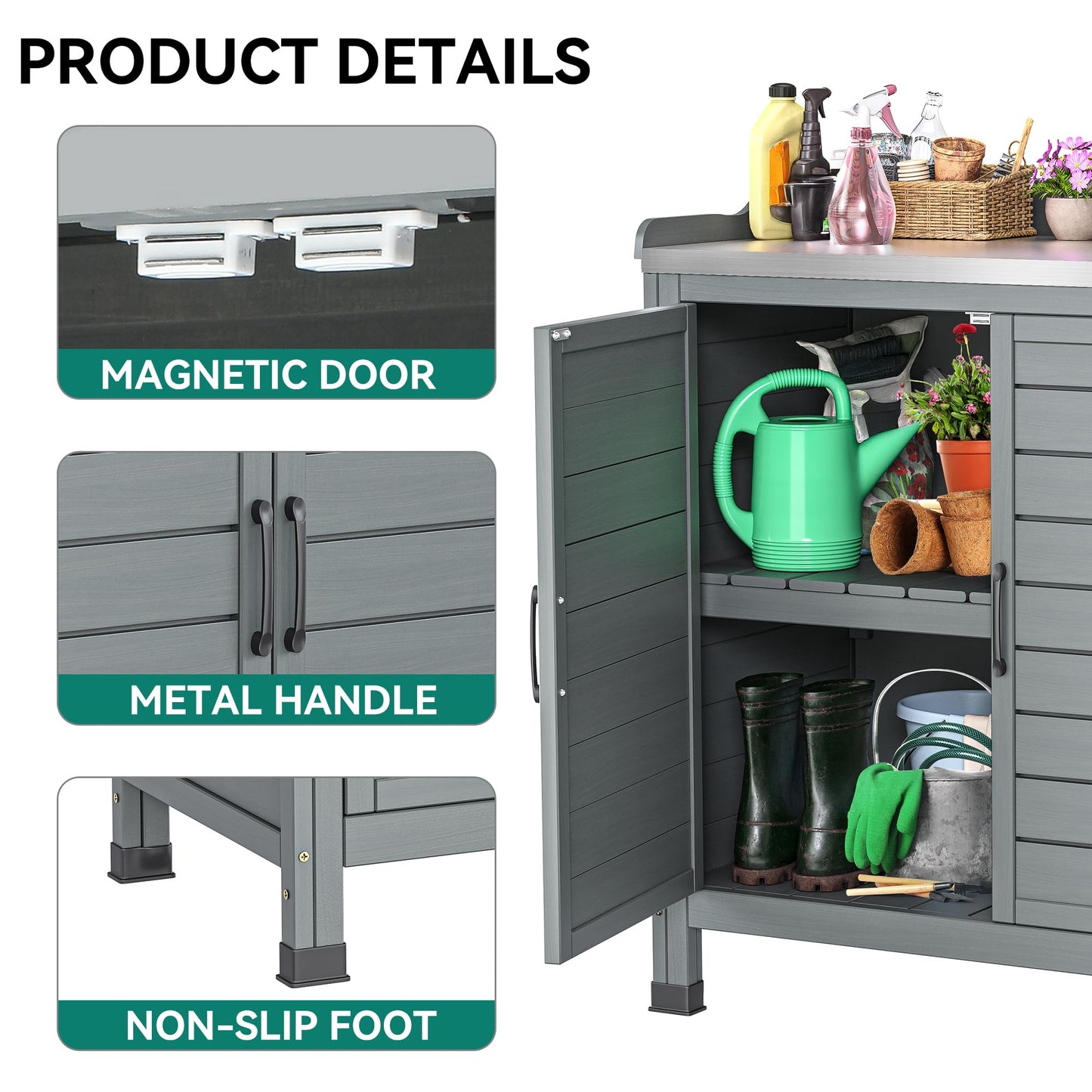 YITAHOME Outdoor Garden Potting Bench with Storage Cabinet, Metal Tabletop & Removable Shelf, Wooden Planting Workstation for Patio, Garden, Yard (Grey)