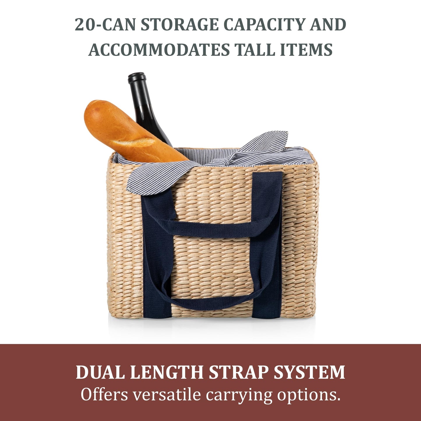 Picnic TIME Parisian Picnic Basket, Insulated Seagrass Picnic Basket, Waterproof, Stylish, Perfect for Picnics, Beach, Office Lunches, Dinner Parties, and Gifts (Beige with Navy Blue Accents)