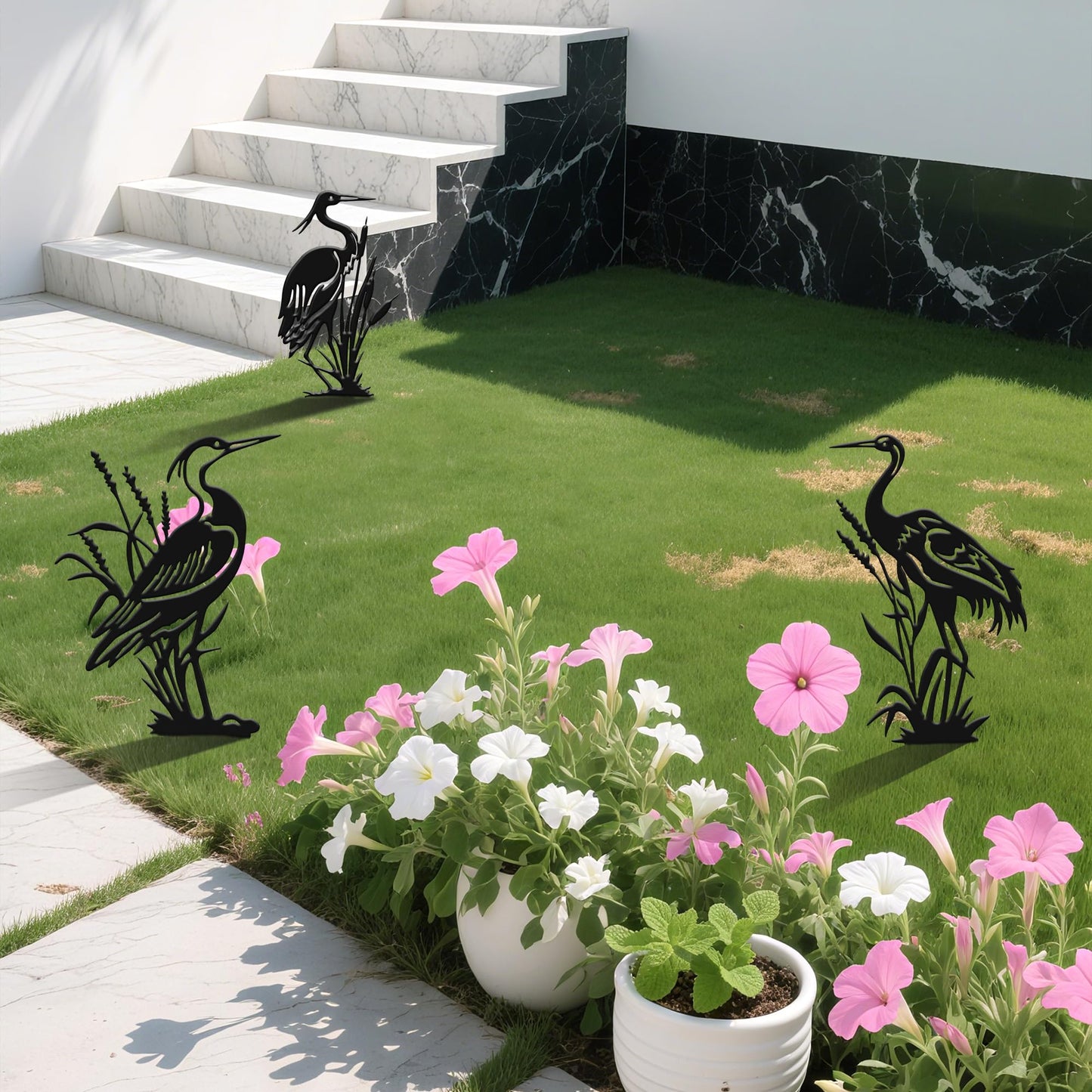 YATEASLU Cranes for Garden,Exquisite Metal Yard Decor Trio: Lifelike Heron Statues Outdoor for Patio & Lawn, Premium Metal Yard Art Gift Set