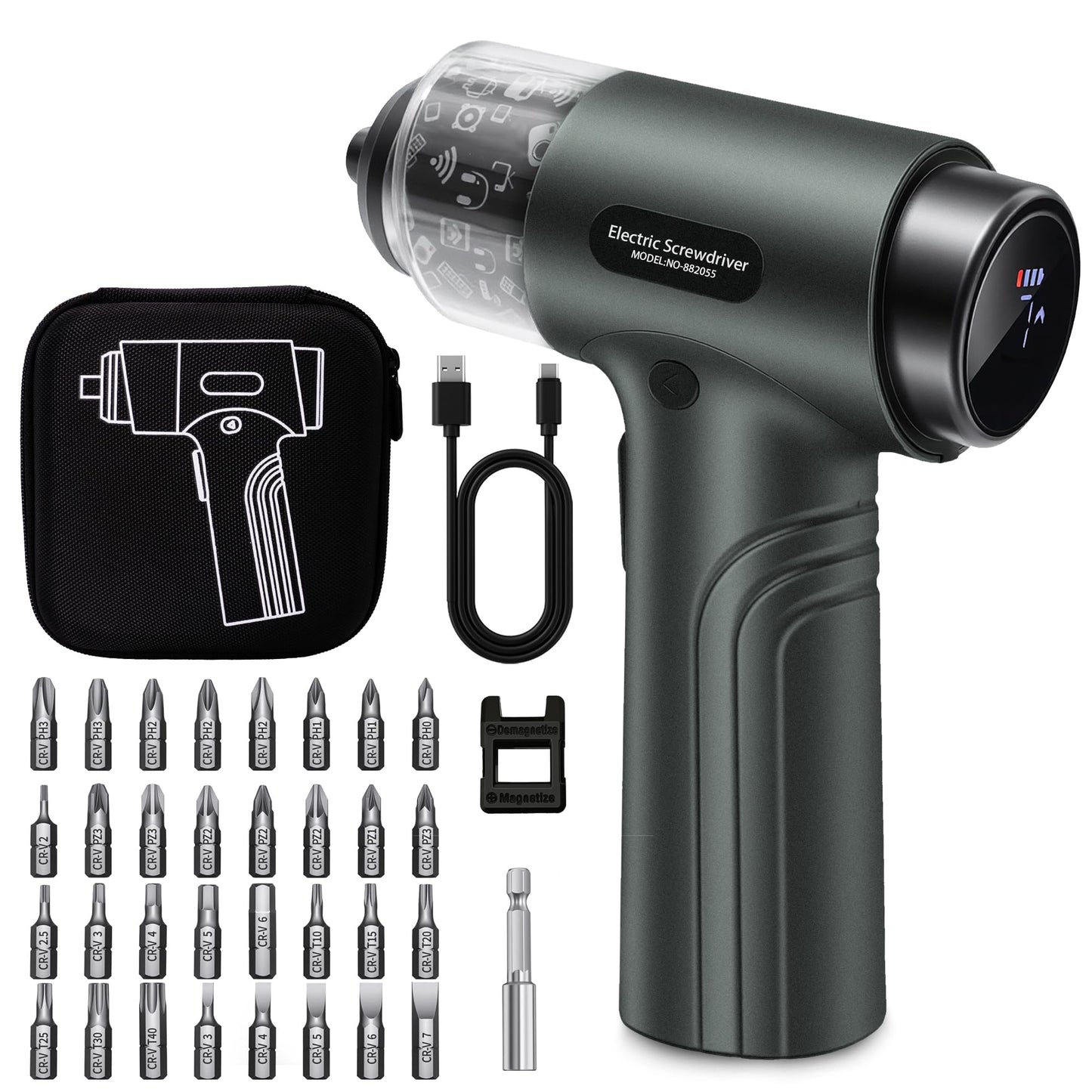 Cordless Electric Screwdriver Set with 7 Torque Settings & Motor Lock Protection, Digital Display, LED Light, 2500mAh Battery, 32 Bits, 1/4’’ Hex Mini Tool Kit for Home & Electronics Repair