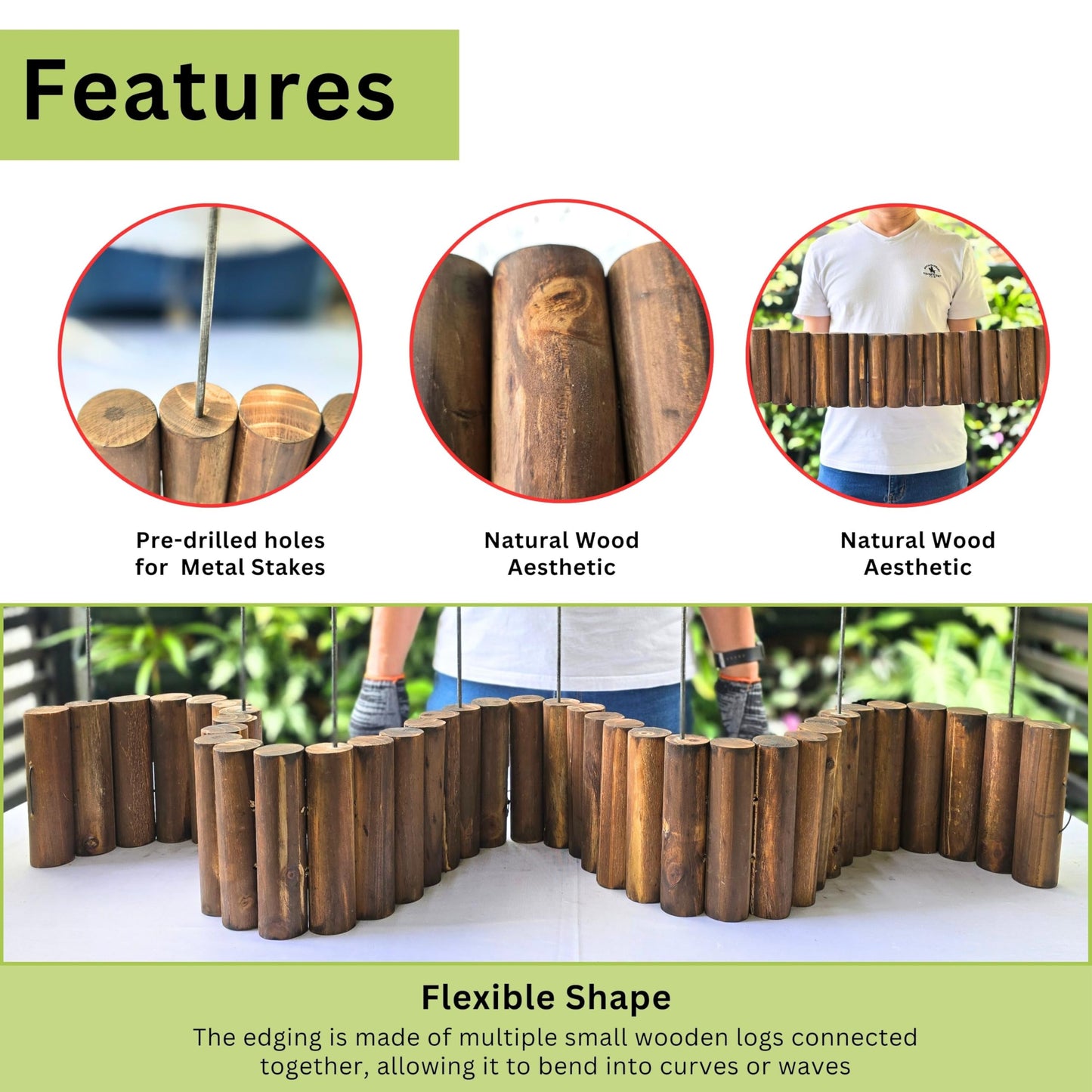 LaLaGreen Decorative Garden Edging Border (30"x6", 2 Pack) Small Brown Wooden Fence Panels with Metal Stakes, Flowers Bed Landscape Fencing for Lawn Yard Patio Pathway Outdoor Decor Tree Rings Barrier