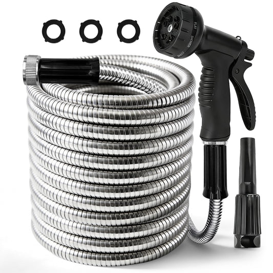 50 ft Metal Garden Hose with Dual Sprayer Set (10 & 6 Patterns), Professional 304 Stainless Steel Flexible Hose, 600 PSI High Pressure Resistant, Leak-Proof Water Hose for Car Wash & Lawn.