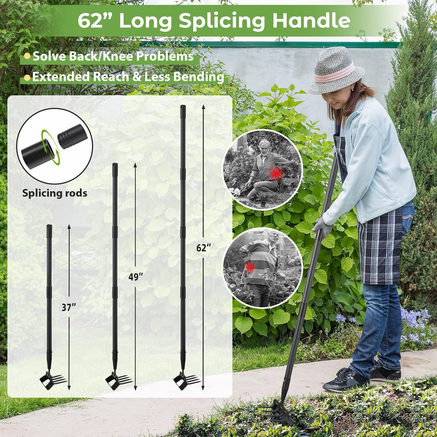 Garden Hoe,2 in 1 Heavy Duty Stirrup Hoe and Cultivator Gardening Tool Set with 62 inch Long Handle,Lightweight Hoes Weeding Rake for Fast Weeds Grass Removal,Cultivating, Loosen Soil, Sharp Edge