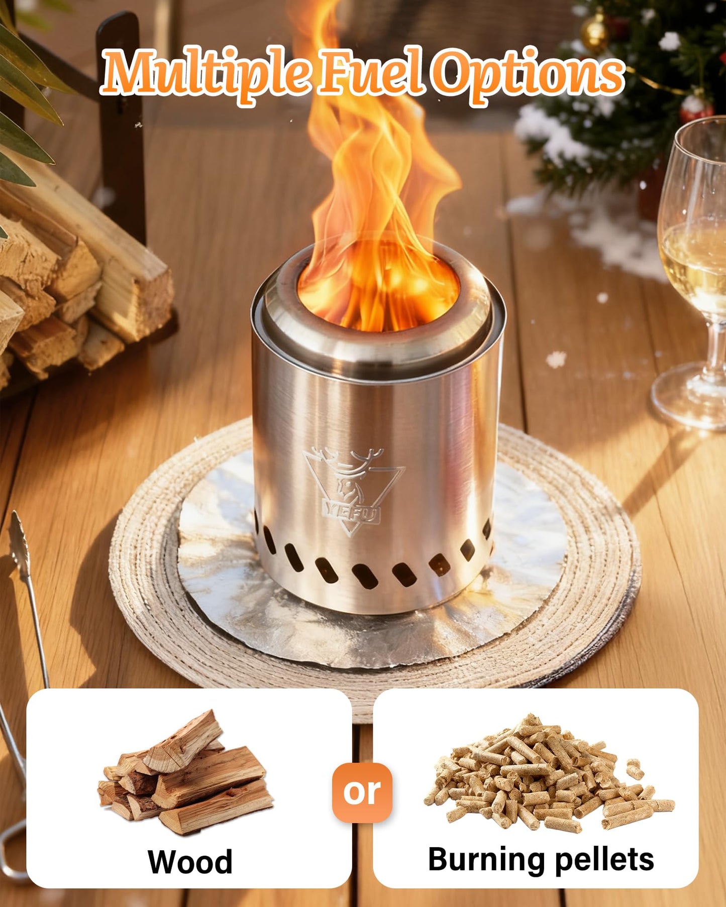 YEFU Tabletop Fire Pit 7.5 x 5.5 in, Low Smoke Camping Stove for Outdoor & Patio, Fueled by Pellets or Wood, Safe Burning Table Top Firepit, with Travel Bag & 2 Mini Sticks & Fireproof Mat, Silver