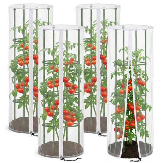 4 Pcs Garden Bird Netting Cover for Round Tomato Cage, 59" x 18" Tomato Trellis Insect Barrier Protection Mesh, Plant Cage Garden Net Cover with Zipper for Vertical Climbing Plants Vegetables Fruits
