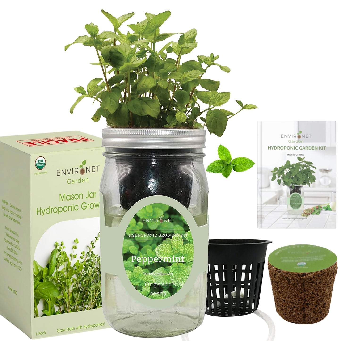 Environet Hydroponic Herb Growing Kit, Self-Watering Mason Jar Herb Garden Starter Kit Indoor, Grow Your Own Herbs from Seeds (Peppermint)