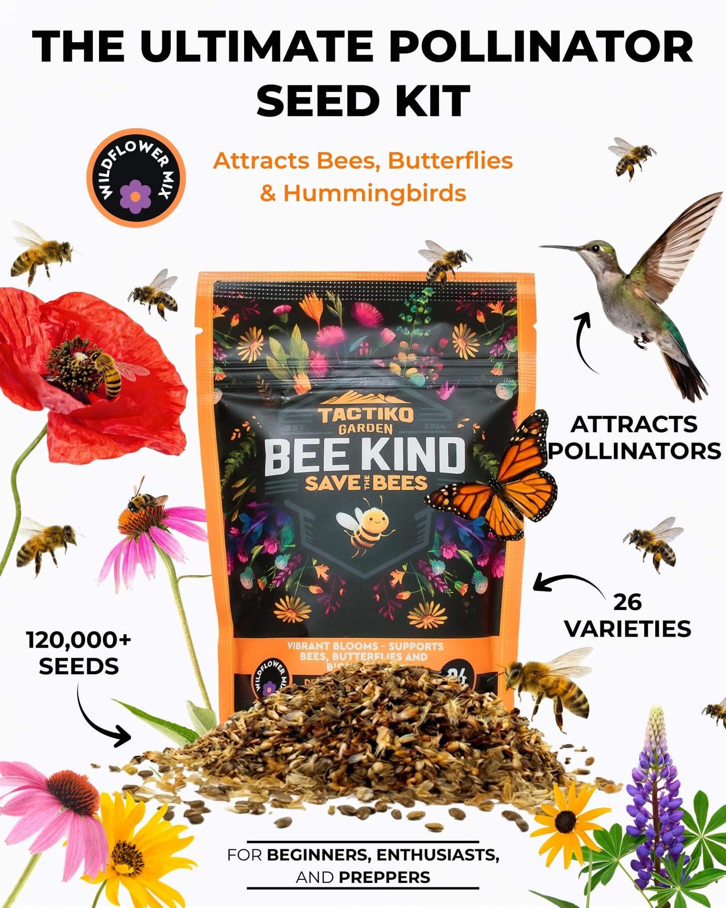 Tactiko Garden 26 Wildflower Seeds Mix, 120,000+ 4 oz Save the Bees Wildflower Garden Seeds, Annual & Perennial Pollinator Seeds to Attract Bees, Butterflies & Hummingbirds, Up to 600 sq ft Coverage