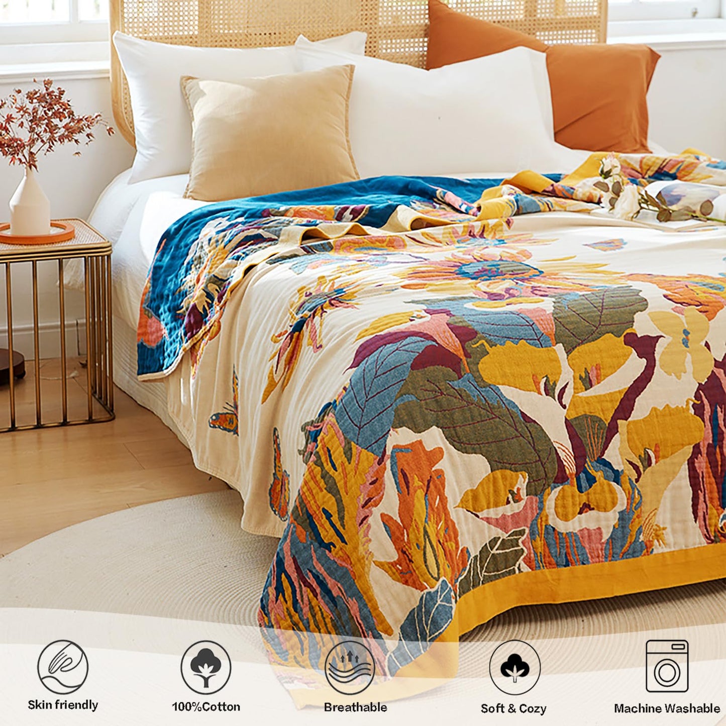 VANJOROY Boho Throw Blanket 60" x 80", 100% Organic Cotton Skin-Friendly Lightweight Ultra Soft Bed Quilt Throw - Spring Floral Butterfly Farmhouse Decor Blanket for Sofa Couch Chair and Gift.