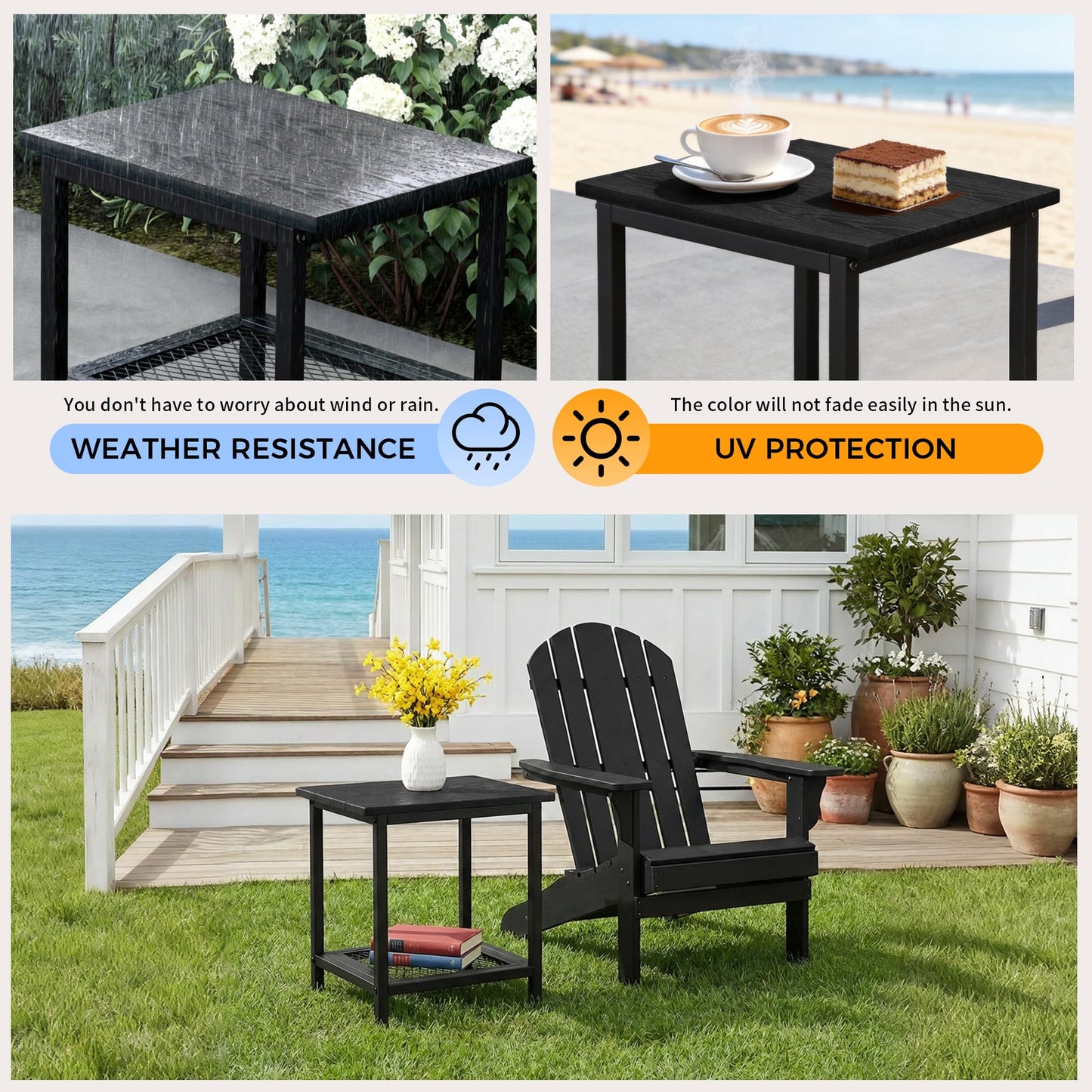 PyraLine 2-Tier Outdoor Side Table with Storage, Weather Resistant Patio End Table, HDPS Small Accent Table for Deck, Garden, Pool, Backyard, Black