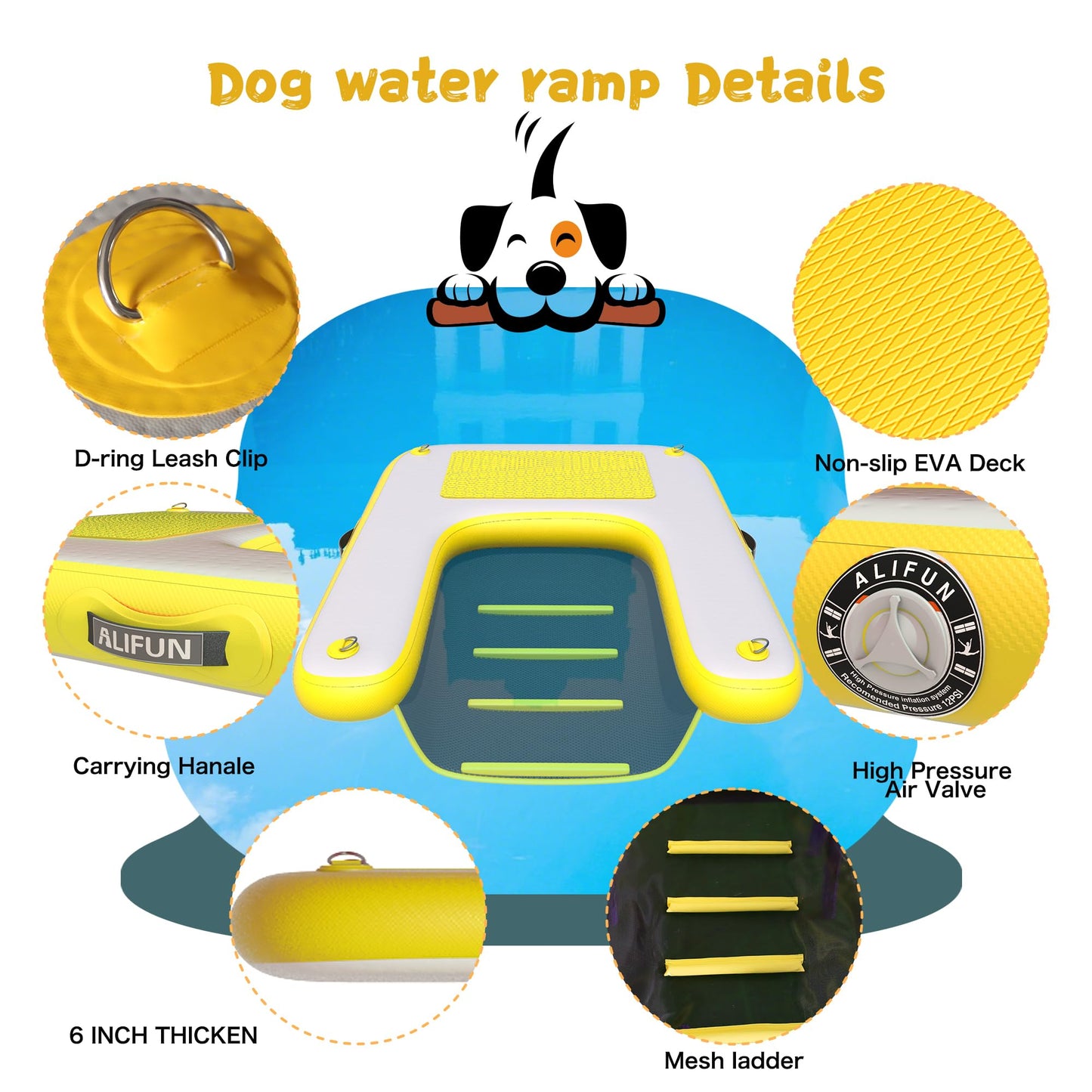 ALIFUN Inflatable Dog Ramp For Boat, Large Dog Water Ramp with Manual Pump, Non-Slip EVA Durable Floating Dock Ladder Up to 90 LBs, Pup Plank for Swimming Pool, Boat, Lake & Ocean (55"L x 39"W x 4"H)
